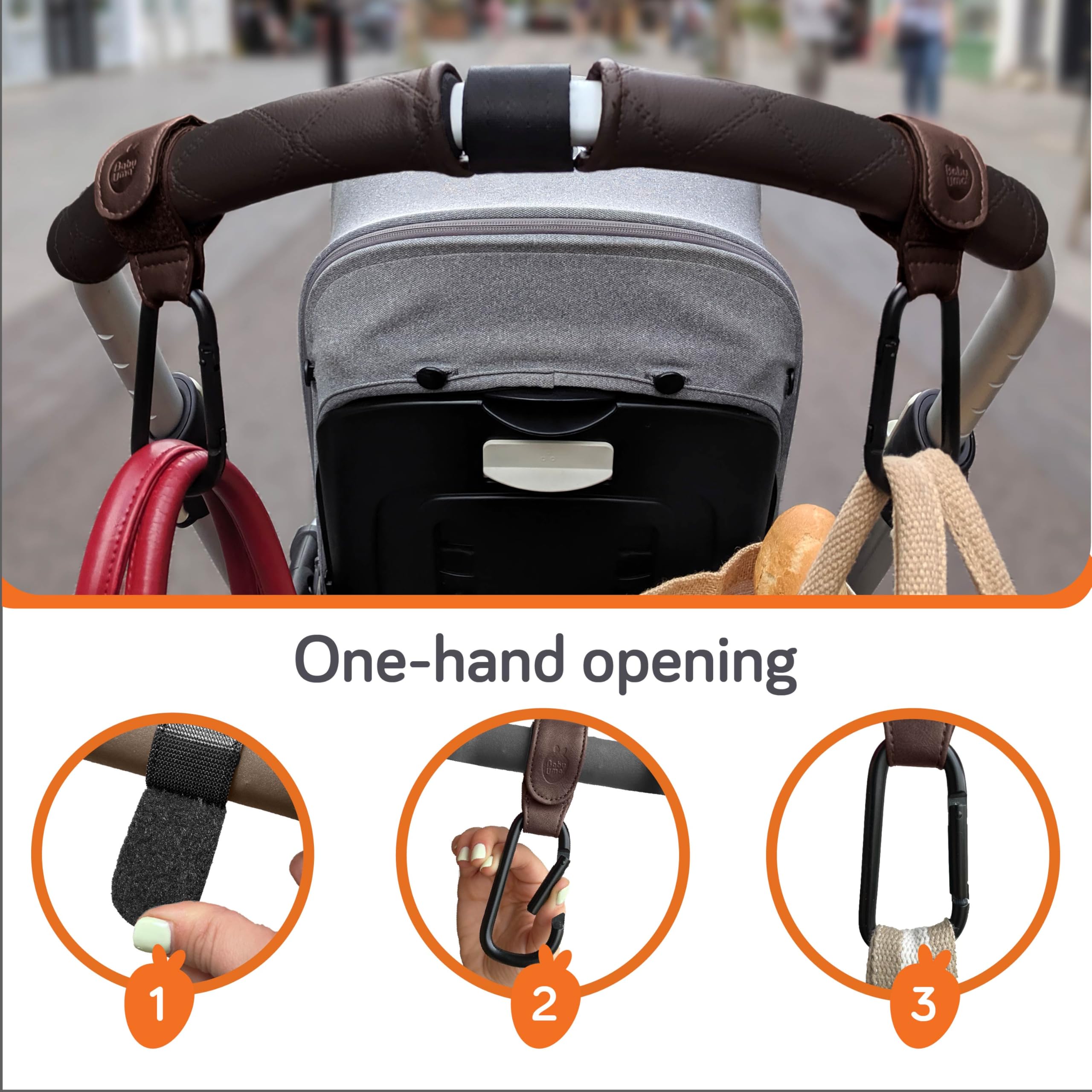 Baby Uma hooks on a diaper bag setup highlight quick access during errands.