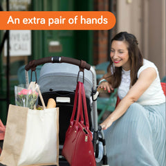 Baby Uma leather-style hooks attached to a bag illustrate stylish storage.