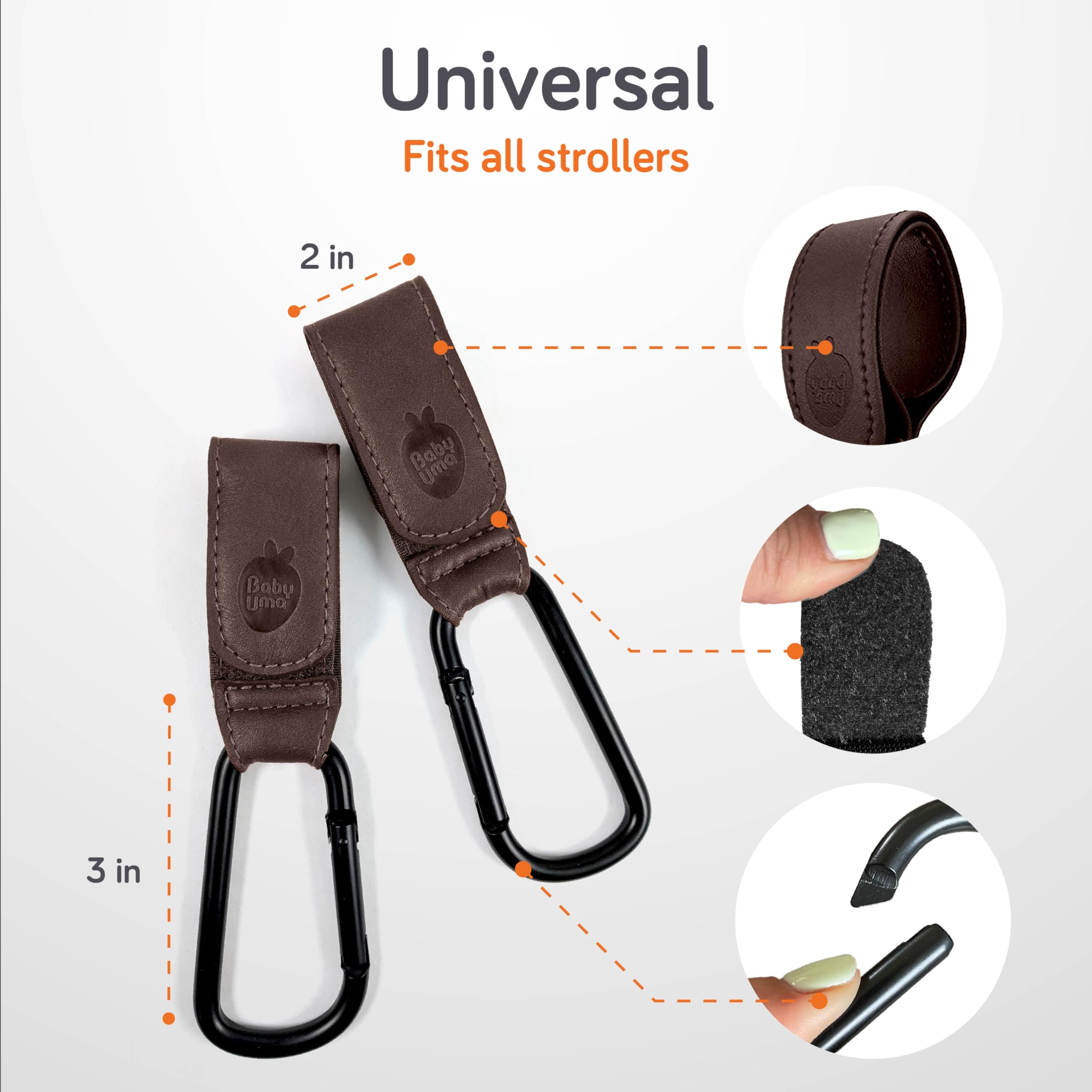 Baby Uma matte-black carabiner close-up emphasizes sturdy, low-profile design.