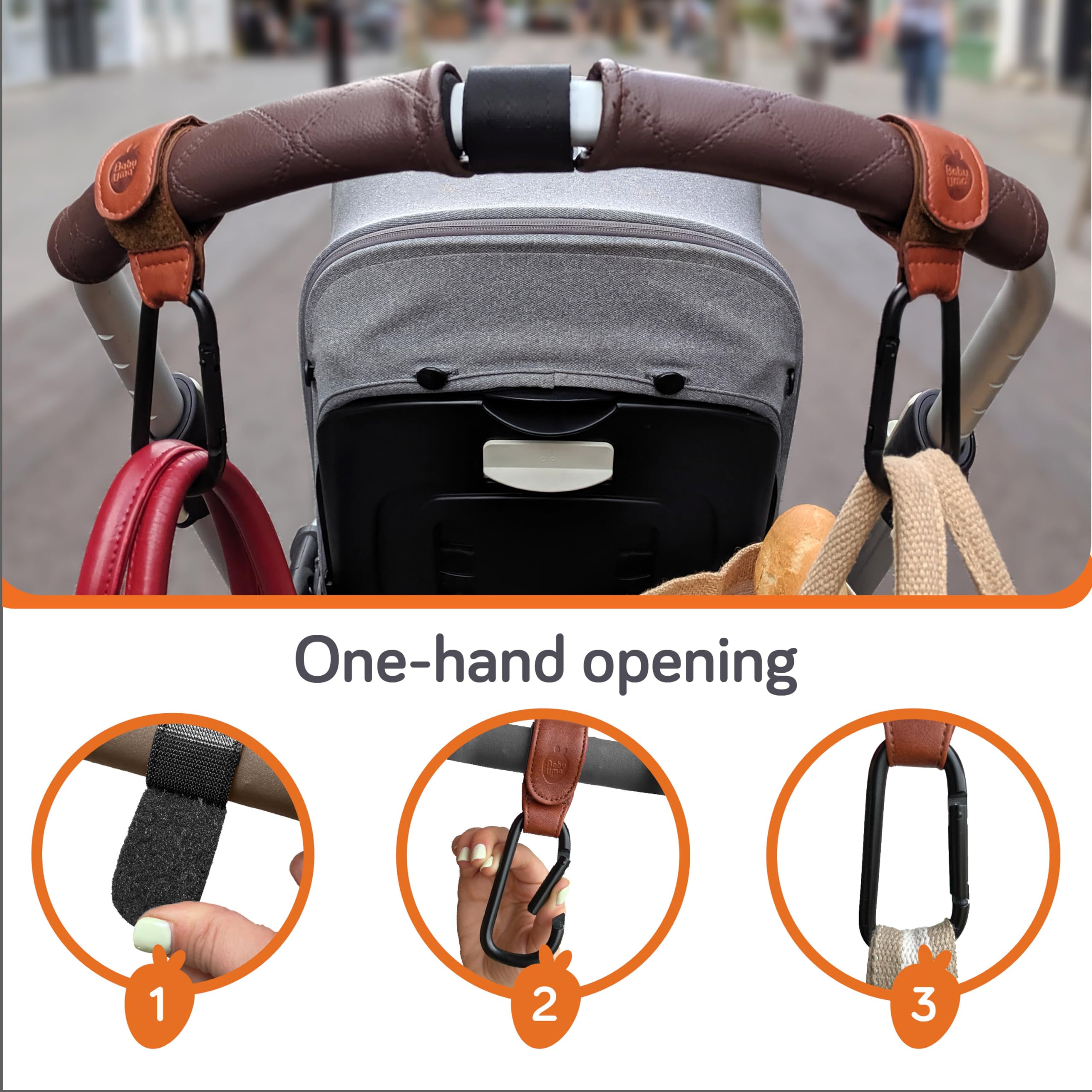 Baby Uma stroller hooks on-stroller handle for quick access to essentials