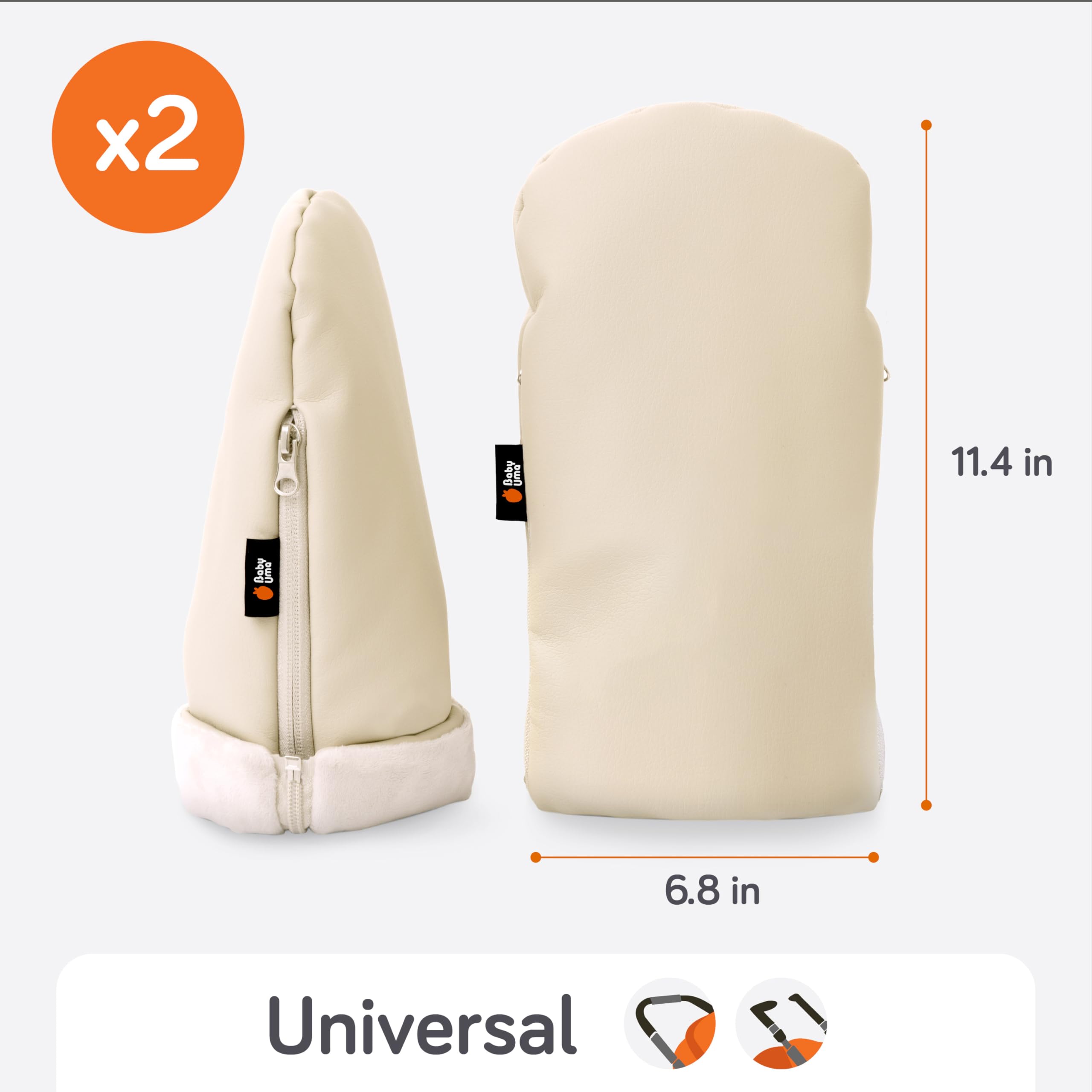 Baby Uma stroller mittens paired with hooks for hands-free walking.