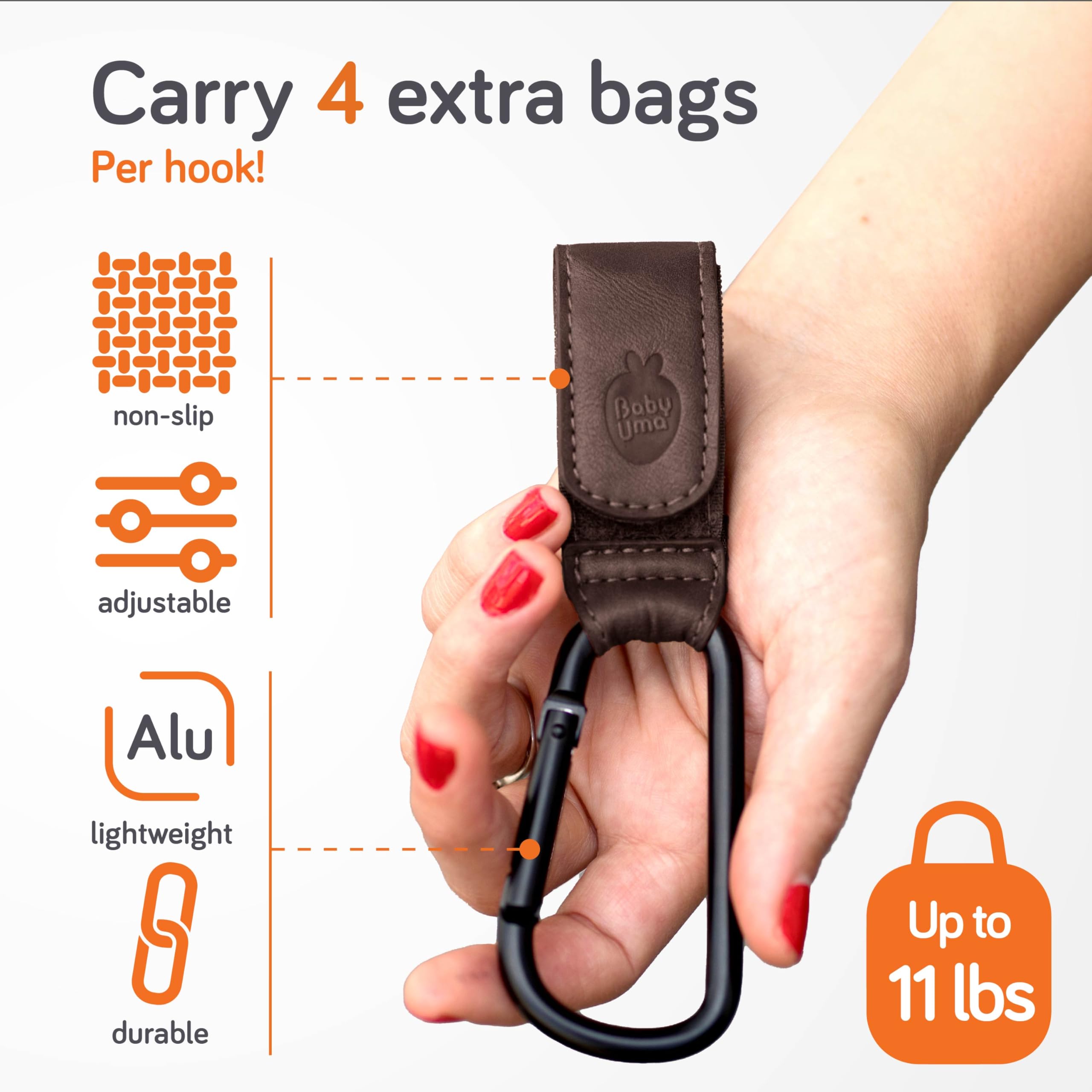 Baby Uma universal-fit hooks shown on multiple stroller handles for easy compatibility.