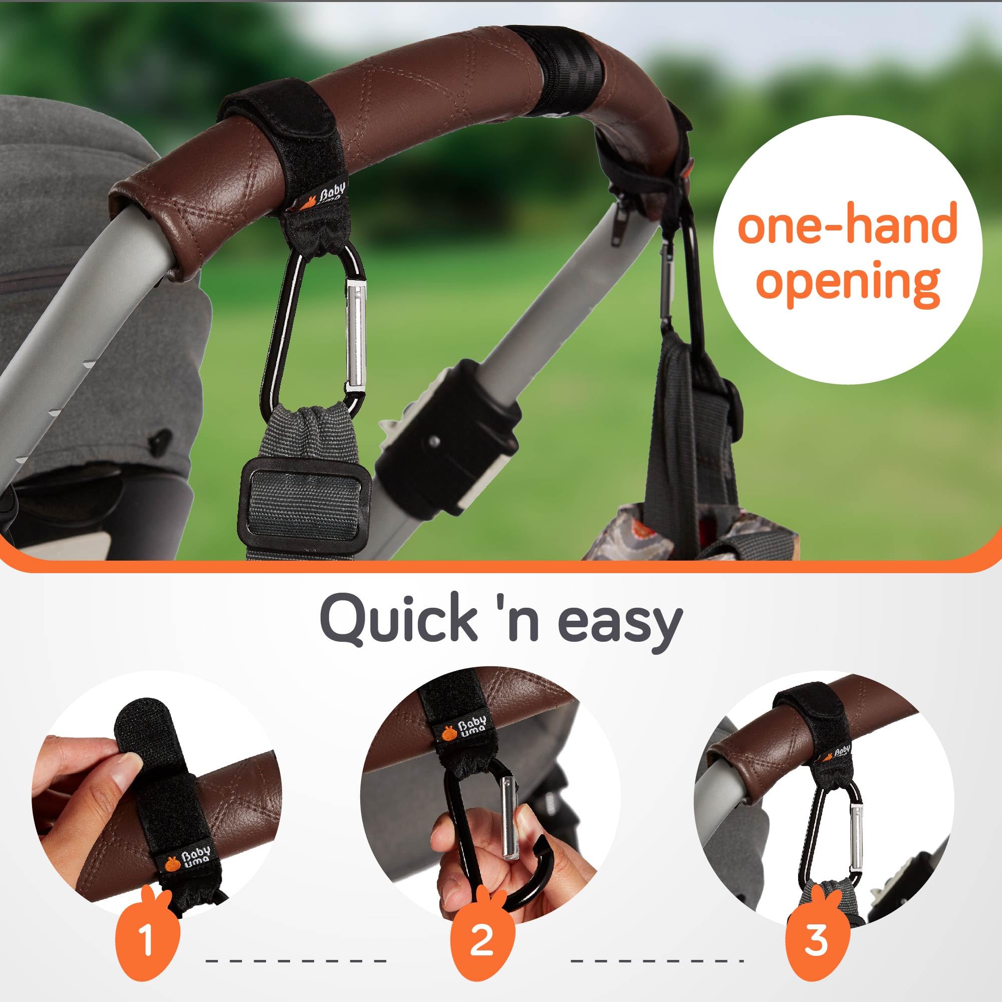 Baby Uma universal-fit hooks work with most major strollers.