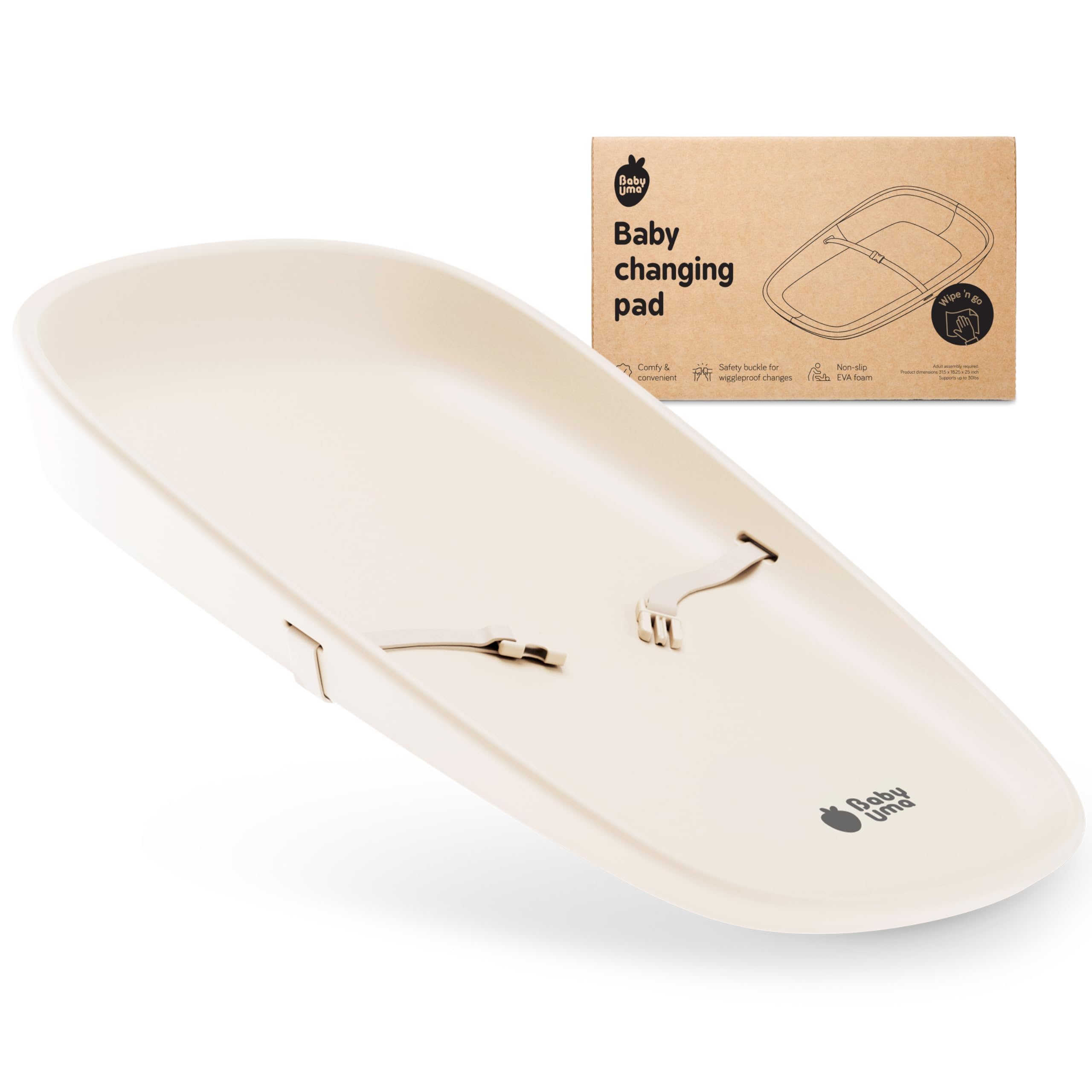 Baby Uma wipeable changing pad on dresser showing waterproof surface for quick cleanup