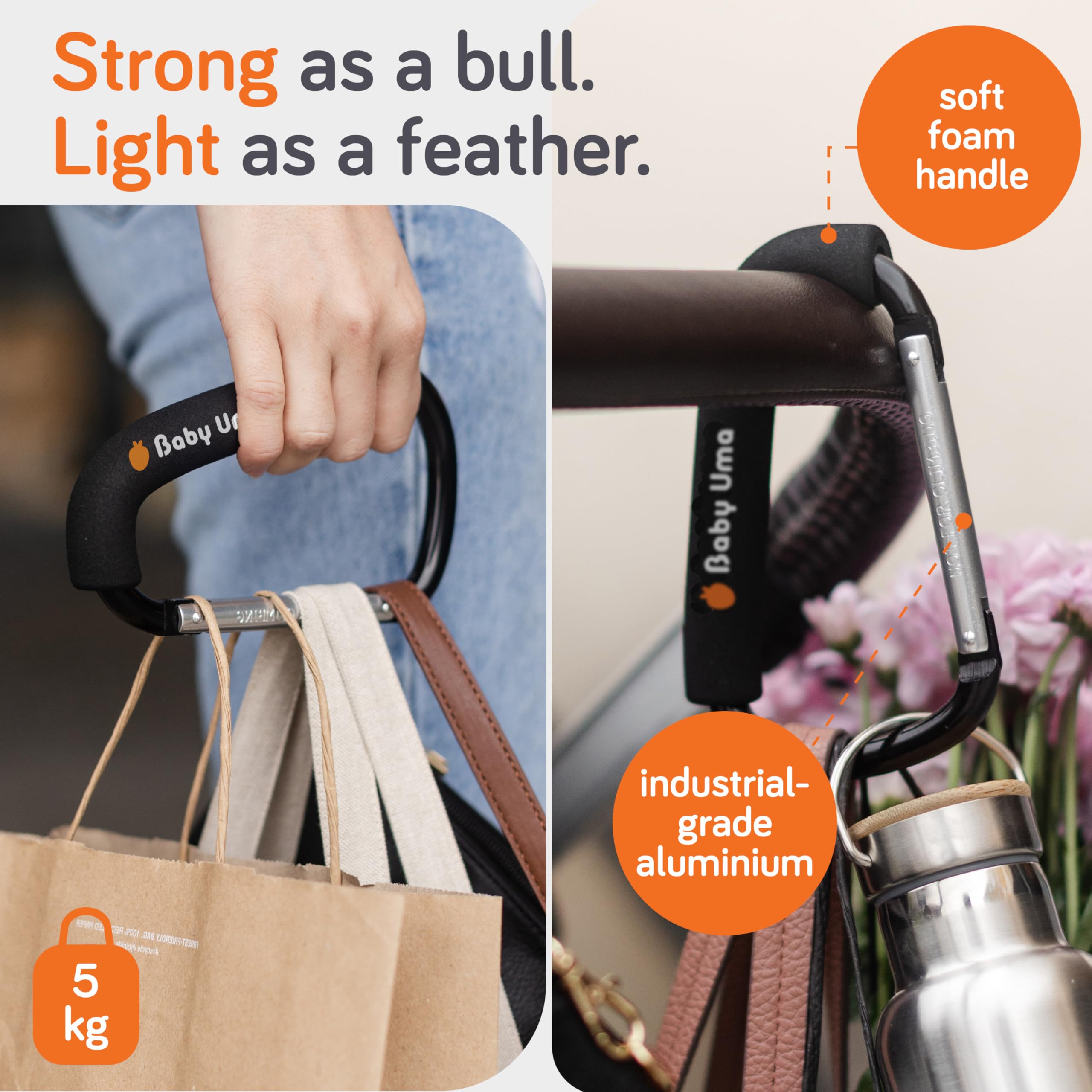 Baby Uma XL stroller hooks with foam handle provide a non-slip grip