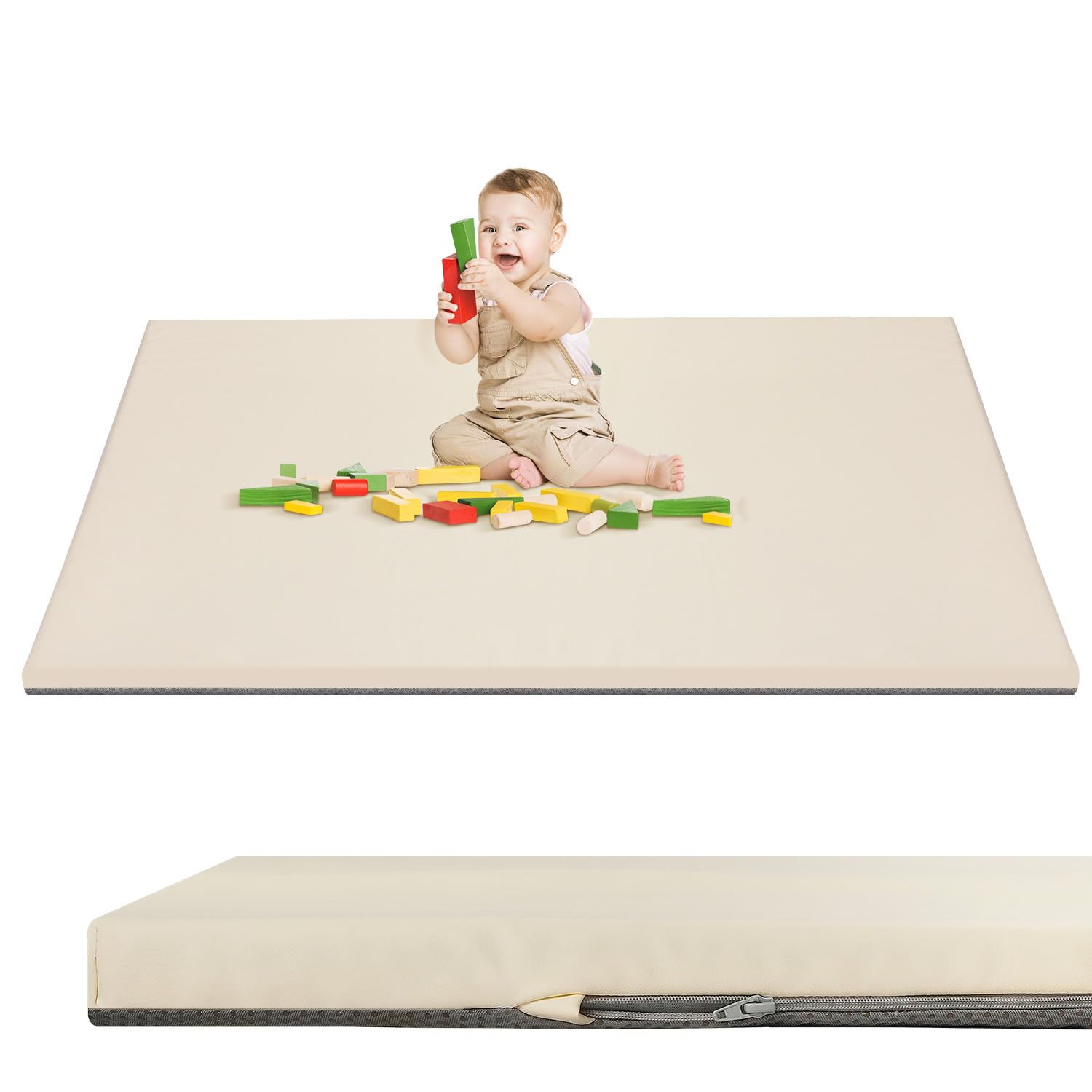 BabyAlly Baby Play Mat 50x50 cream top view, cushioned for soft crawls.