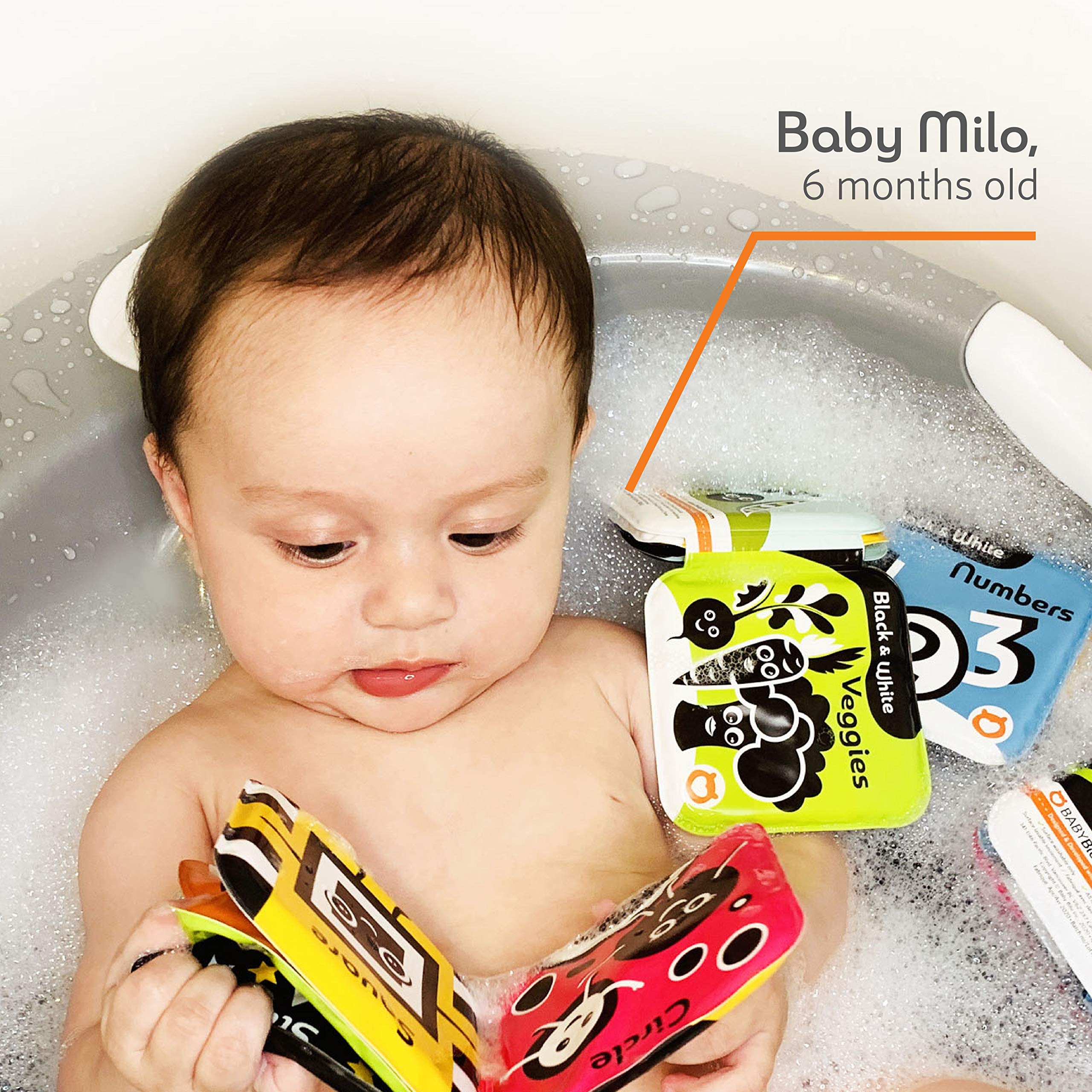 BabyBibi floating bath books baby holding illustrates tactile squeeze play for fine motor curiosity