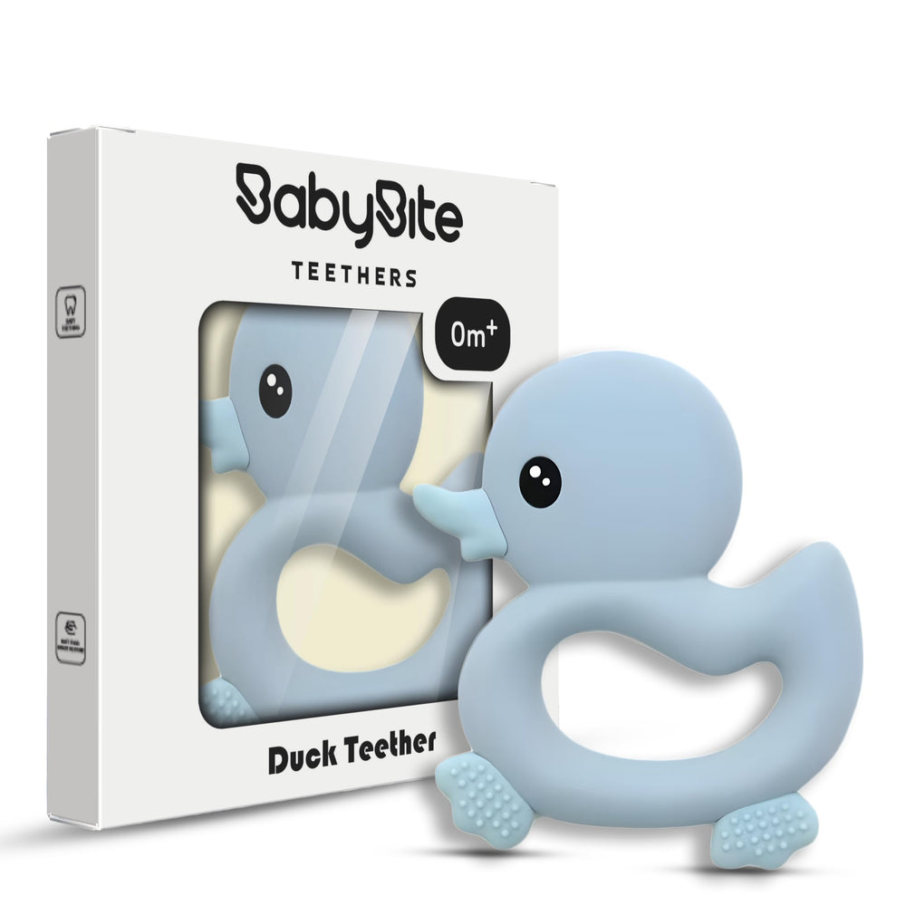 BabyBite duck teether blue close-up showing textured silicone for soothing sensory play.