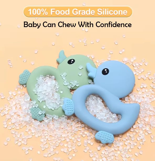 BabyBite blue BPA-free silicone teether safe for mouthing.