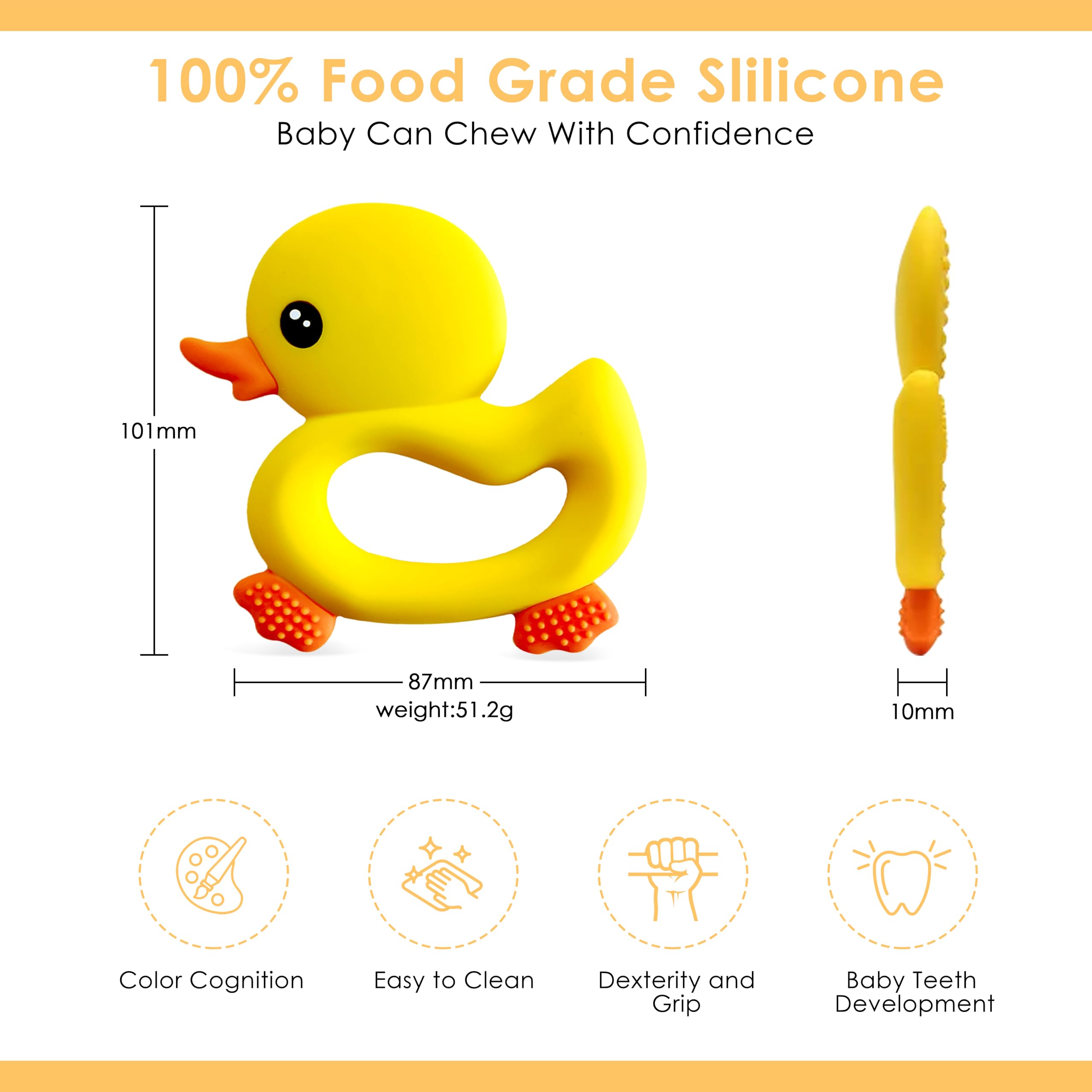 BabyBite duck teether yellow dishwasher-safe label highlights easy cleaning.