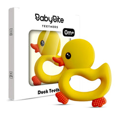 BabyBite duck teether yellow textured silicone close-up for soothing sensory play and safe mouthing.