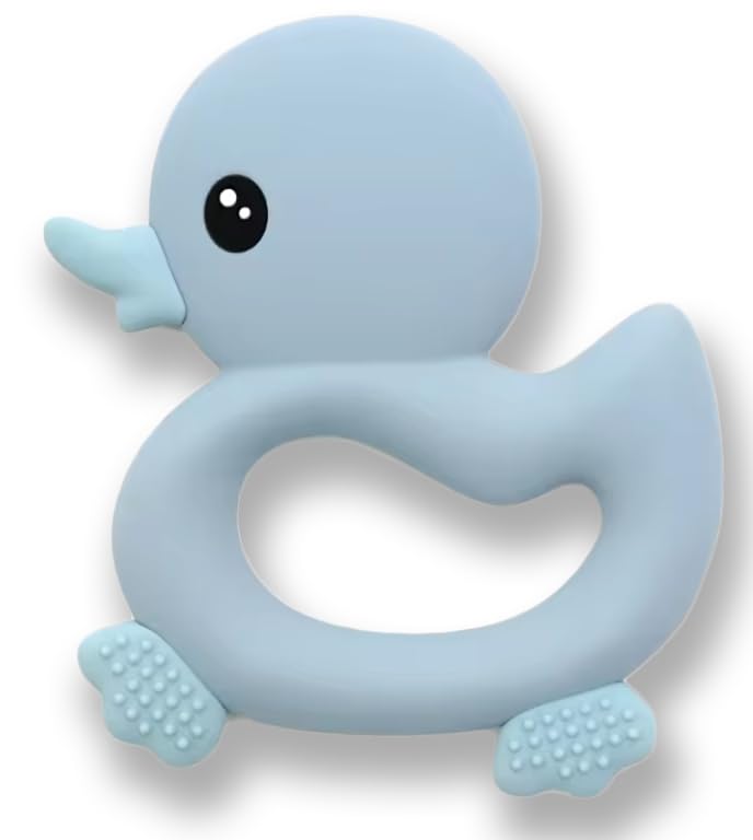 BabyBite teether dishwasher-safe design showcased with blue duck visuals.