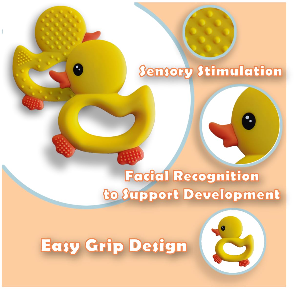 BabyBite teether texture close-up highlights flexible silicone for gentle chewing relief.