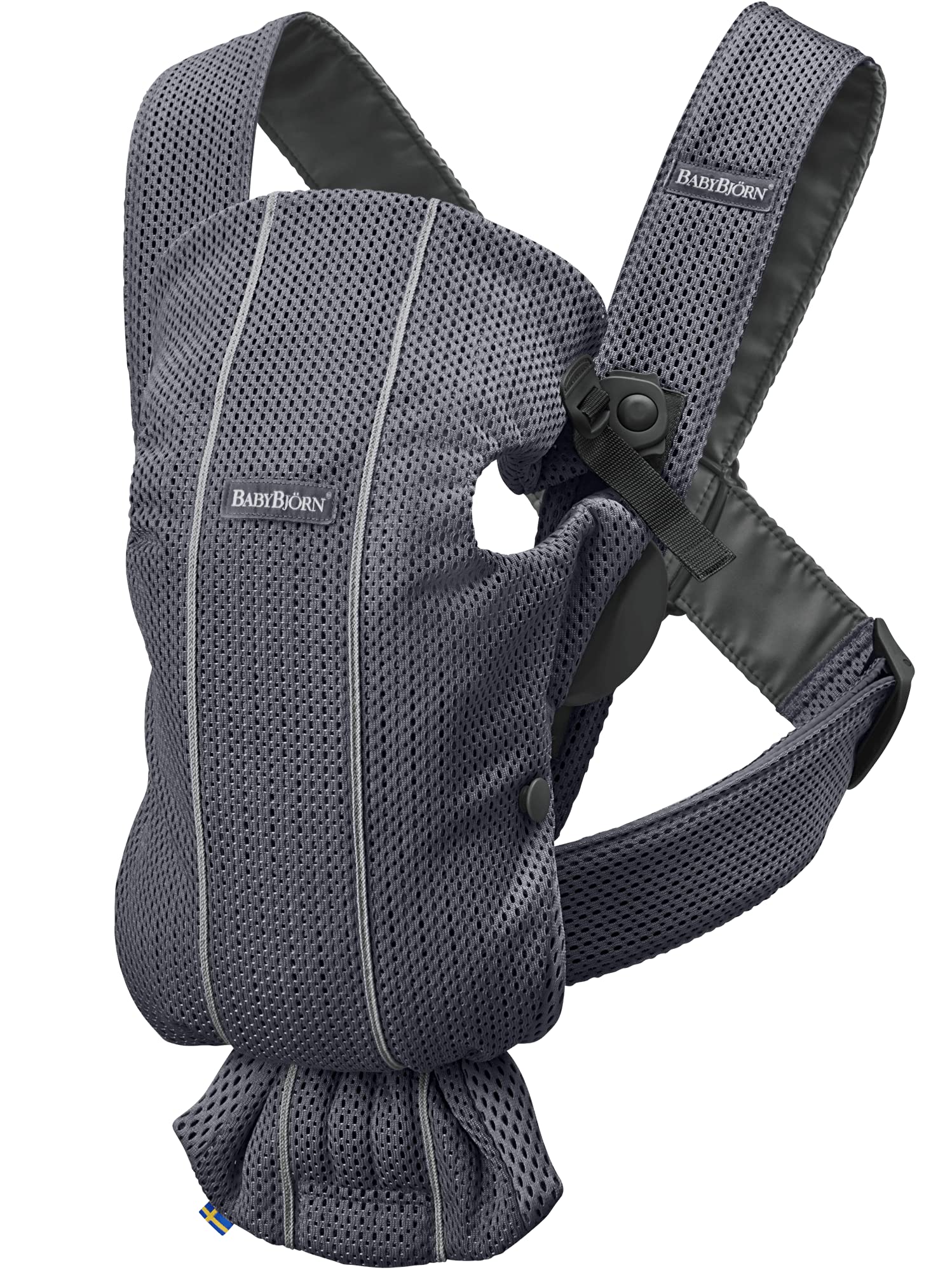 BabyBjörn Baby Carrier Mini front view shows quick-on convenience for busy parents.
