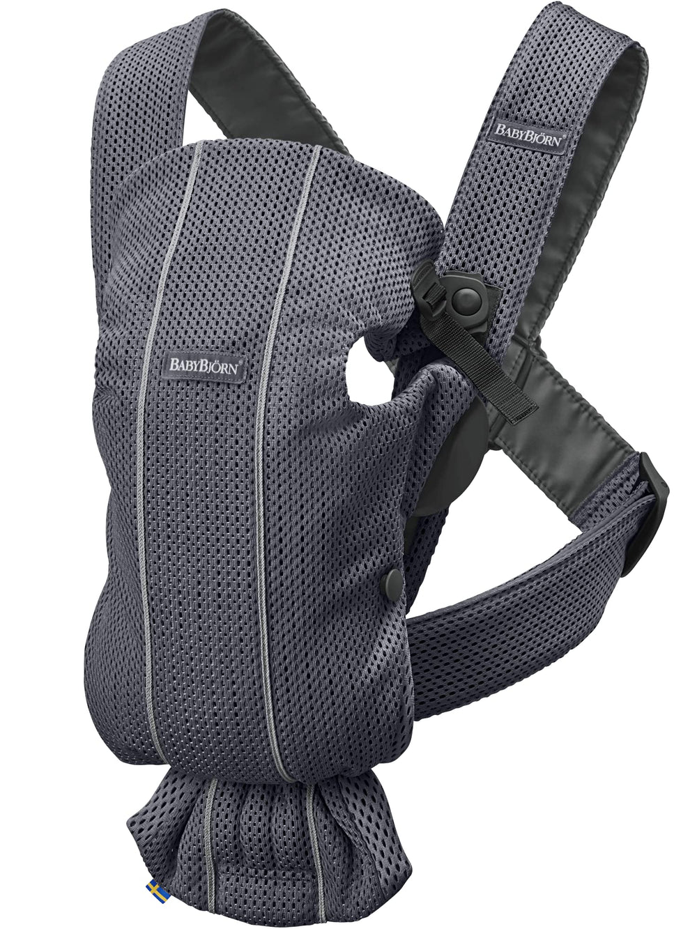 BabyBjörn Baby Carrier Mini front view shows quick-on convenience for busy parents.