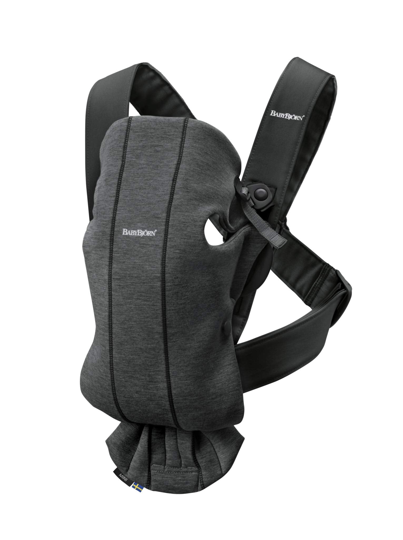 BabyBjörn Baby Carrier Mini front view in soft 3D jersey for close infant cuddling.