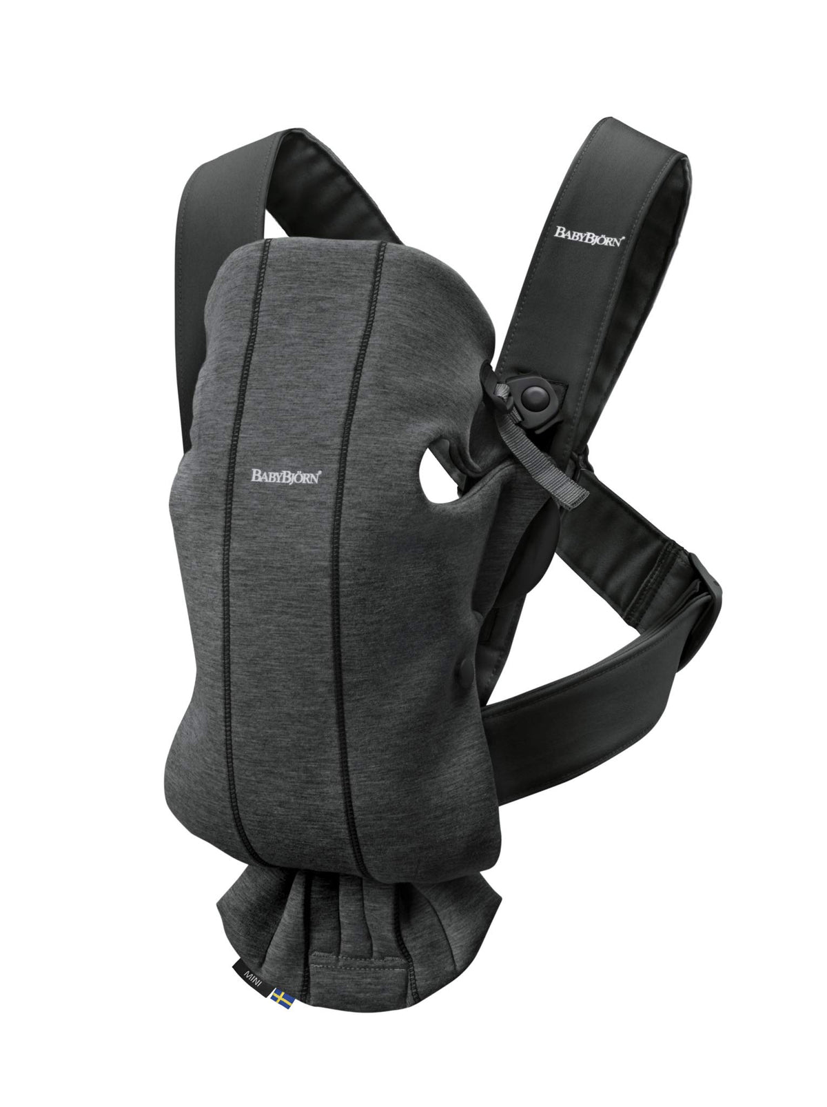 BabyBjörn Baby Carrier Mini front view in soft 3D jersey for close infant cuddling.