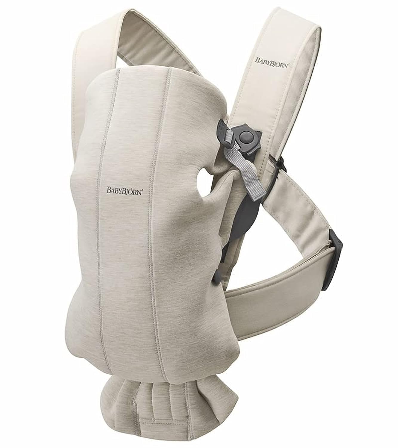 BabyBjörn Baby Carrier Mini front view in 3D Jersey light beige for cozy newborn closeness.