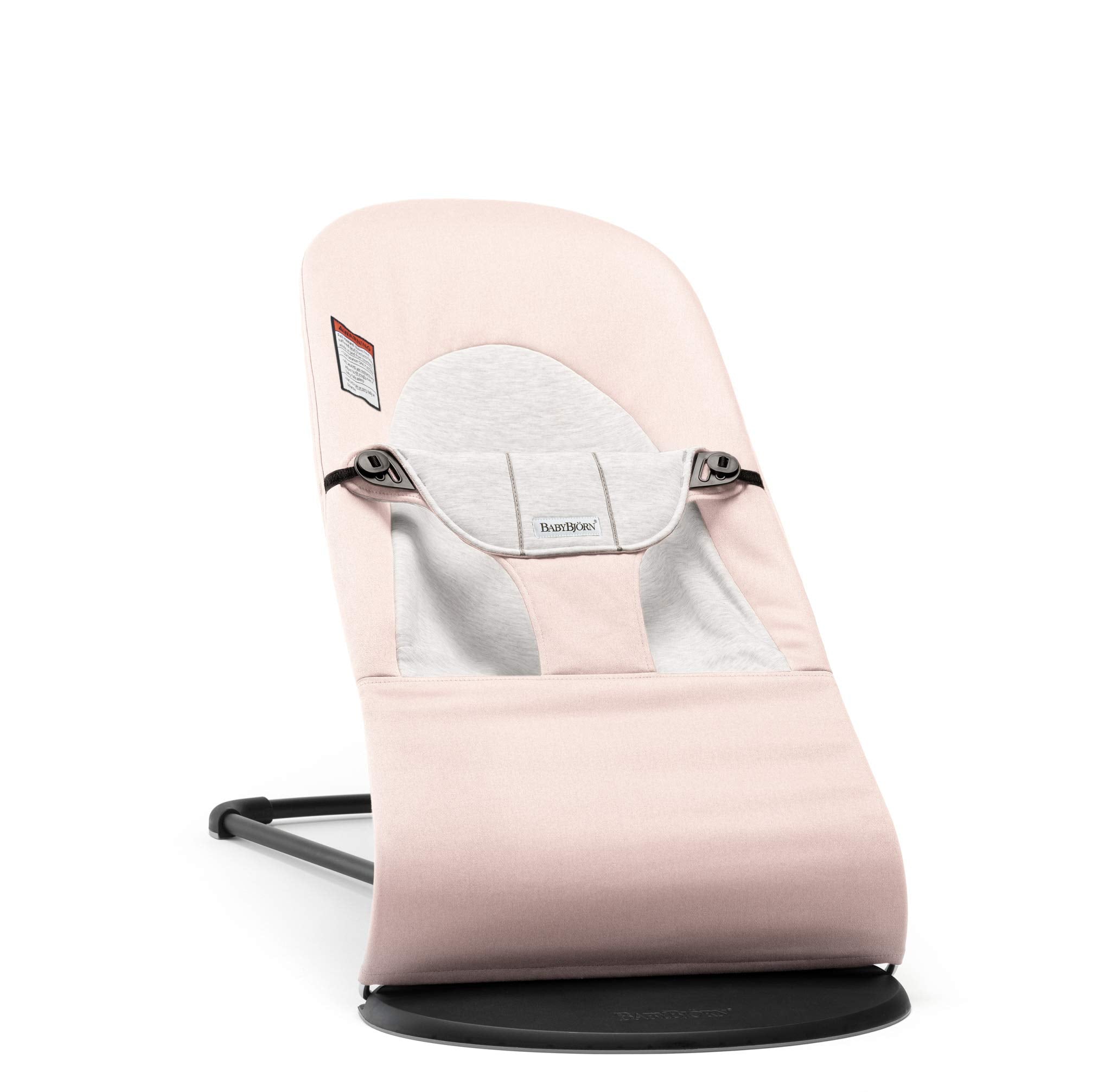 BabyBjörn Bouncer Balance Soft light pink gray front view with ergonomic neck and back support.