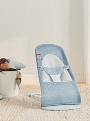 BabyBjörn Bouncer Balance Soft mesh seat in sky blue and white provides breathable seating