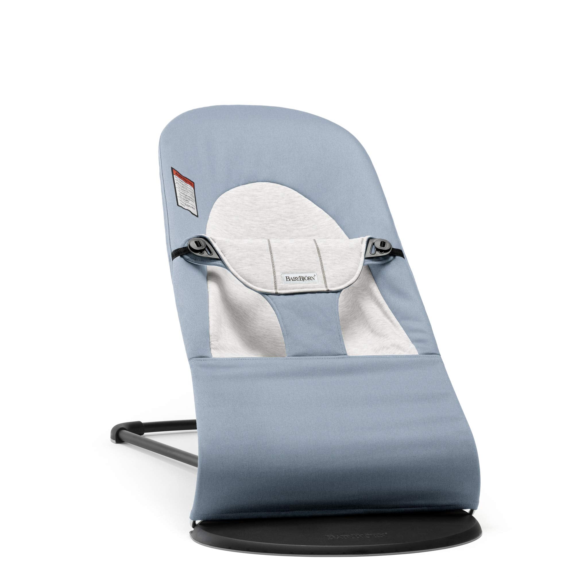 BabyBjörn Bouncer Balance Soft seat in blue-gray provides cozy lounging for baby.