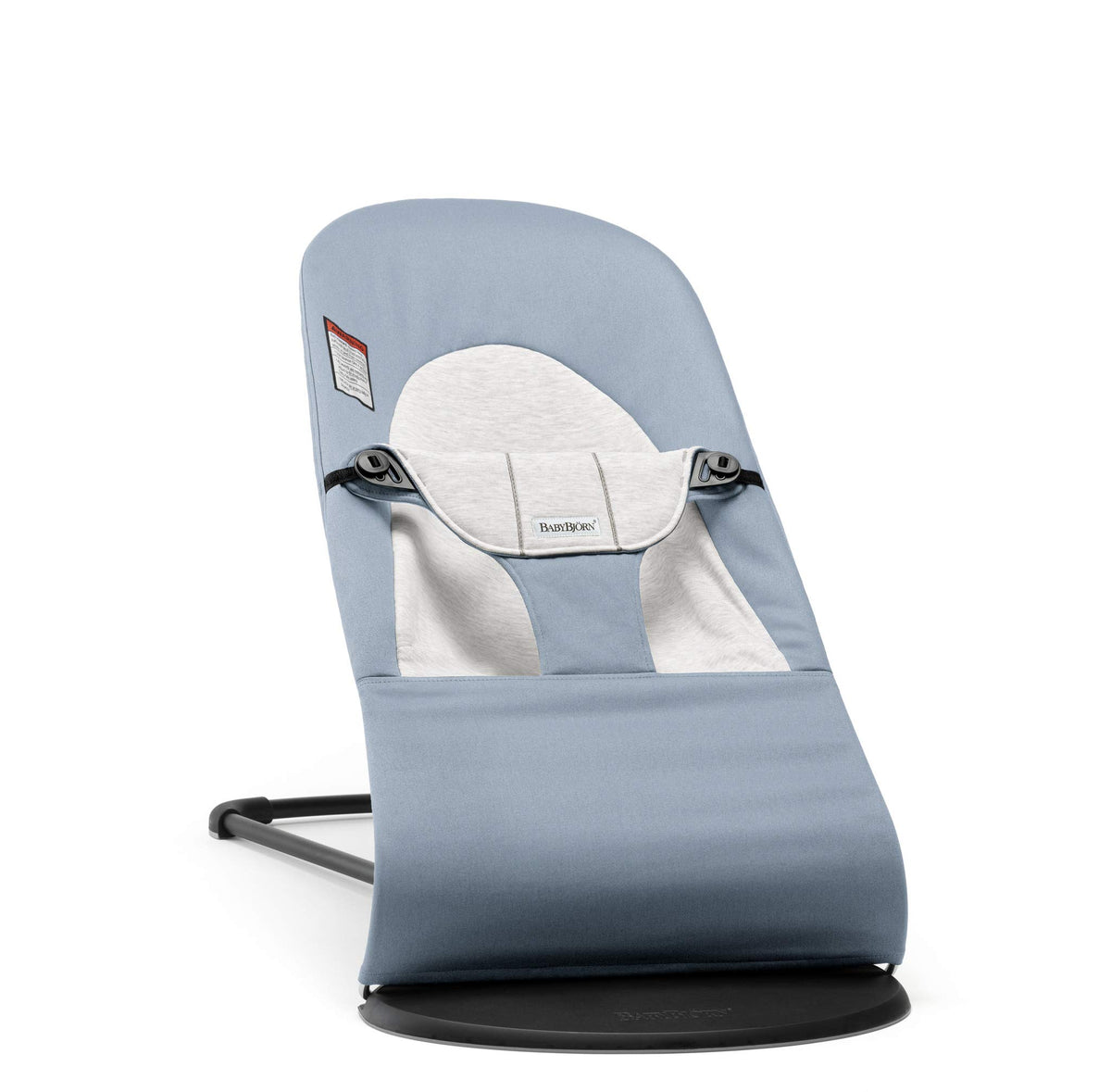 BabyBjörn Bouncer Balance Soft seat in blue-gray provides cozy lounging for baby.