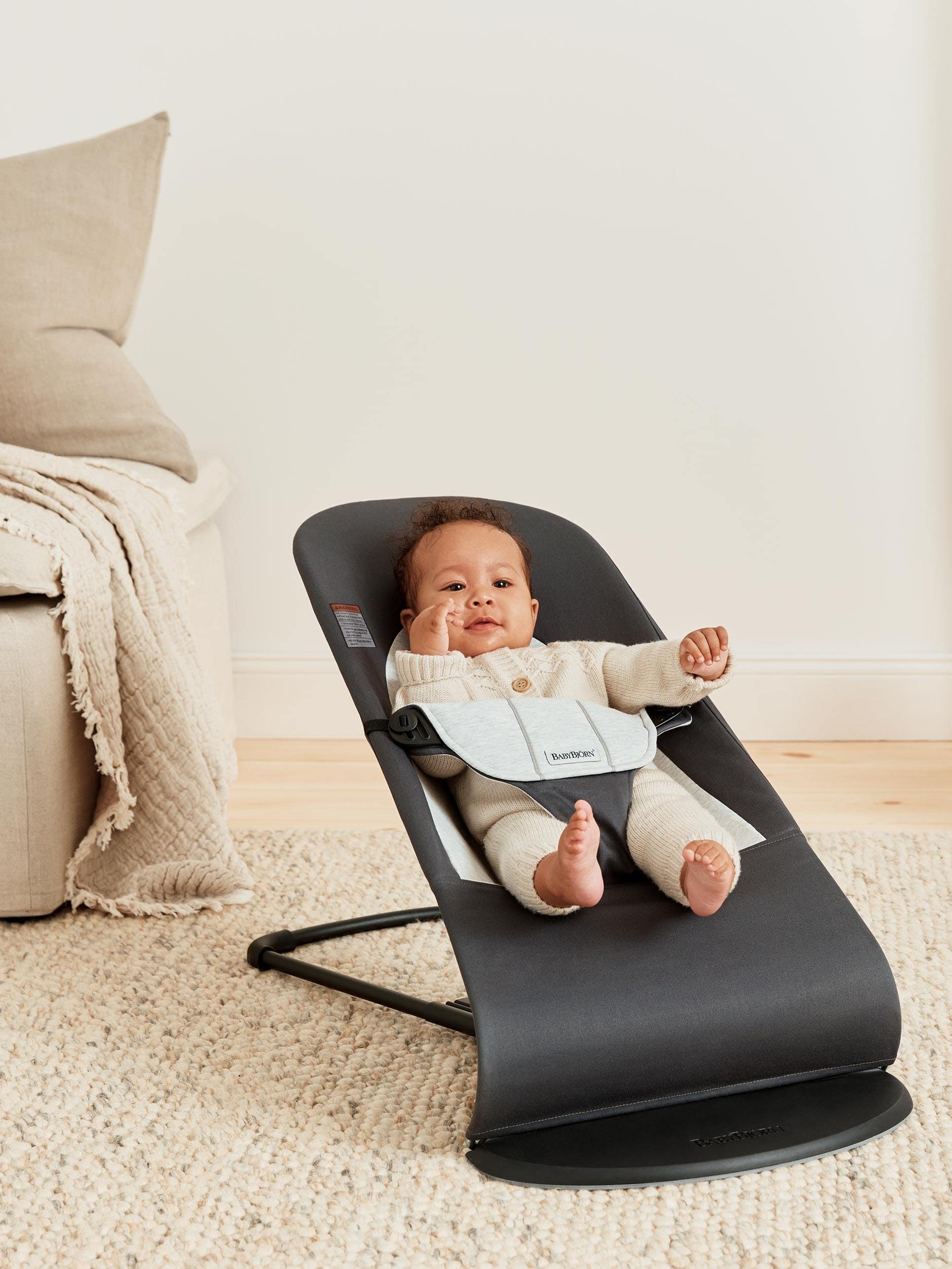 BabyBjörn Bouncer Balance Soft seat closeup highlights soft cotton jersey and gentle support