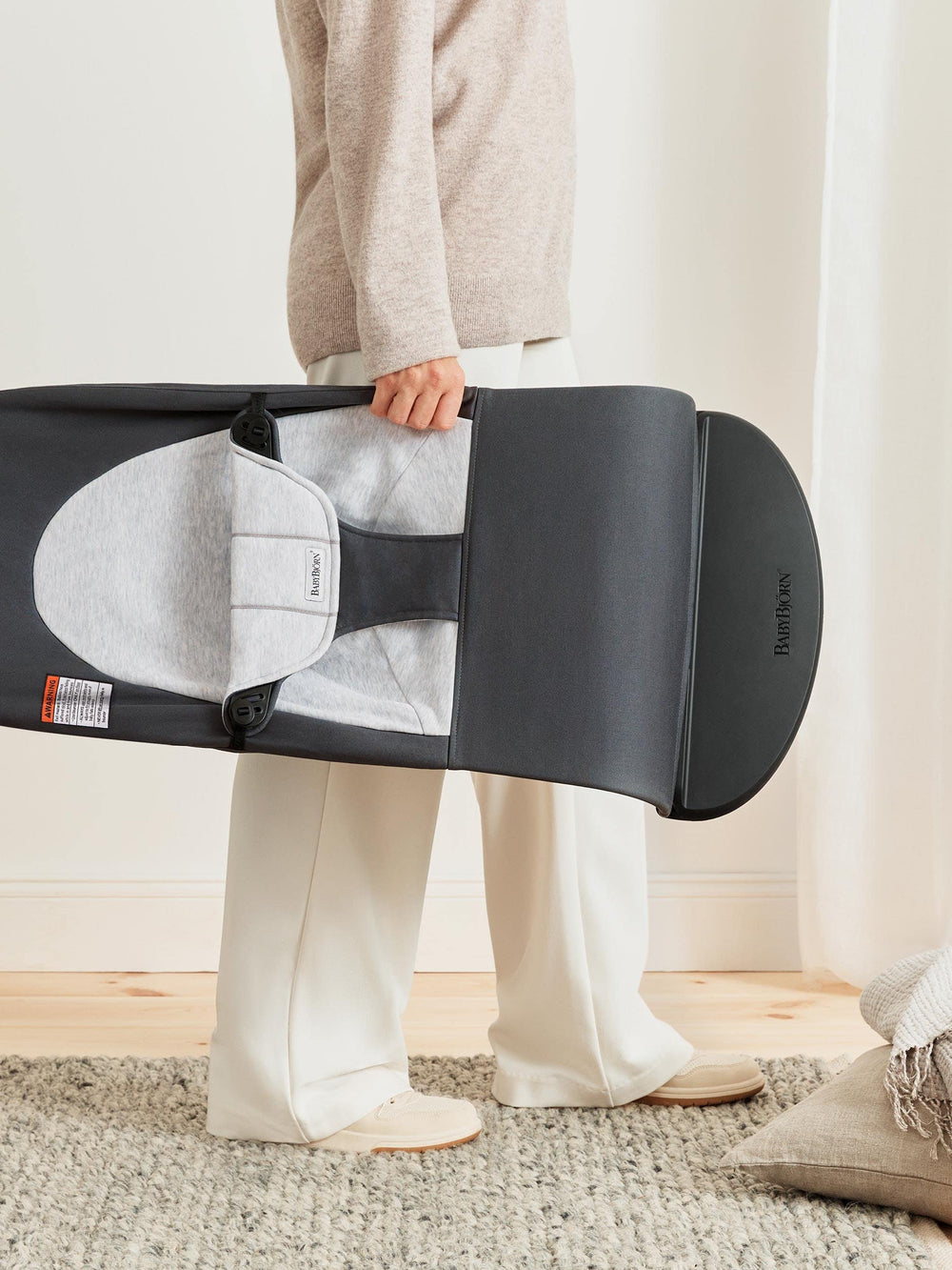 BabyBjörn Bouncer Balance Soft wash-care shot shows machine wash at 40°C