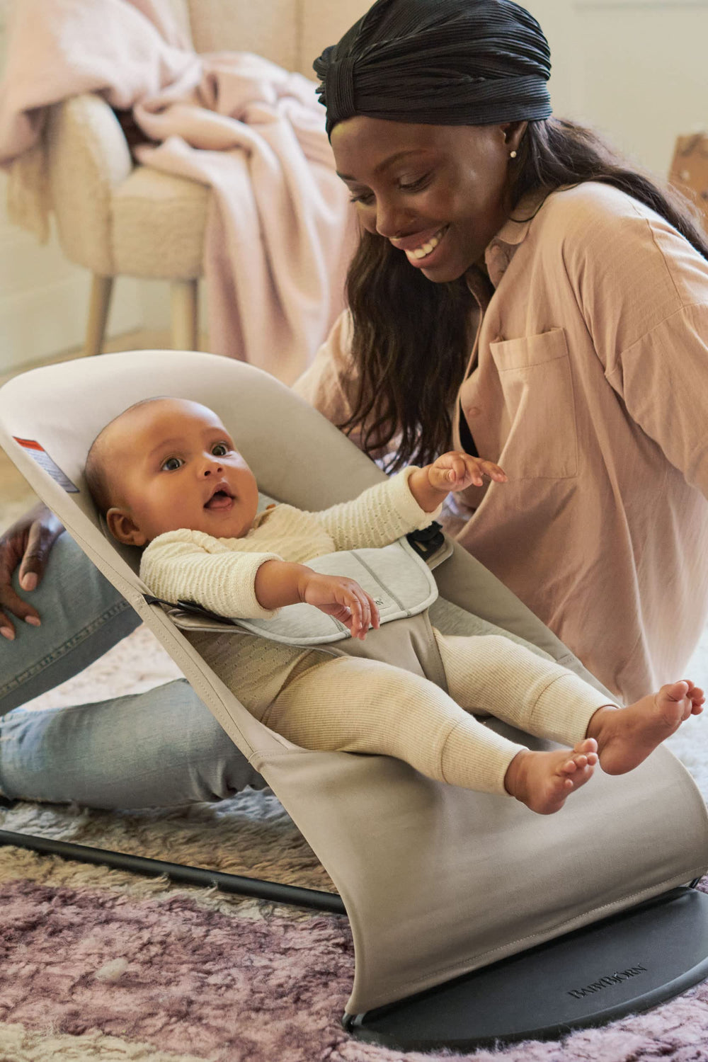 BabyBjörn Bouncer Balance Soft washable seat cover proves quick cleanup after feeding or play