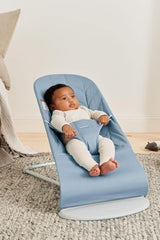 BabyBjörn Bouncer Bliss blue woven petal quilt side view showing compact design