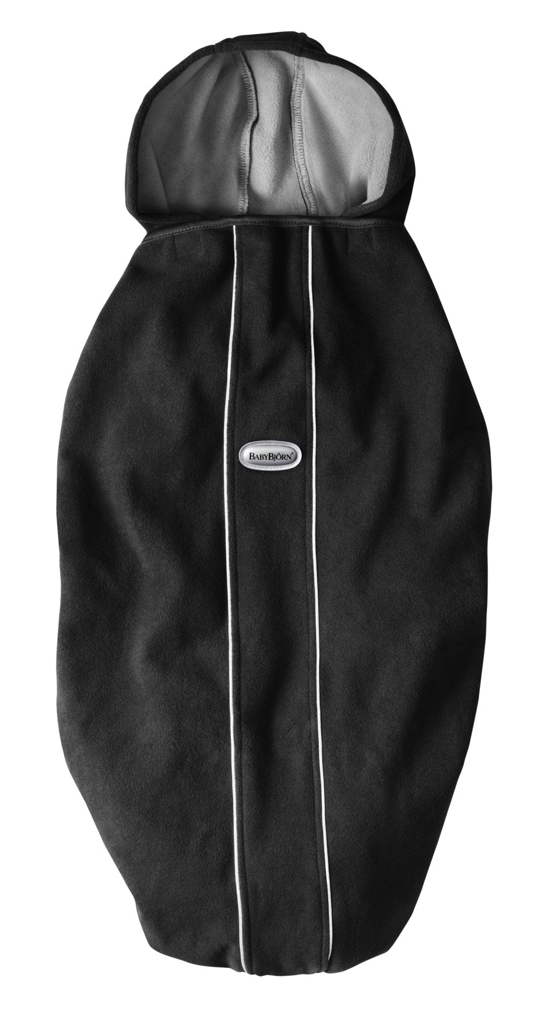BabyBjörn weatherproof fleece cover on carrier keeps baby warm and dry.