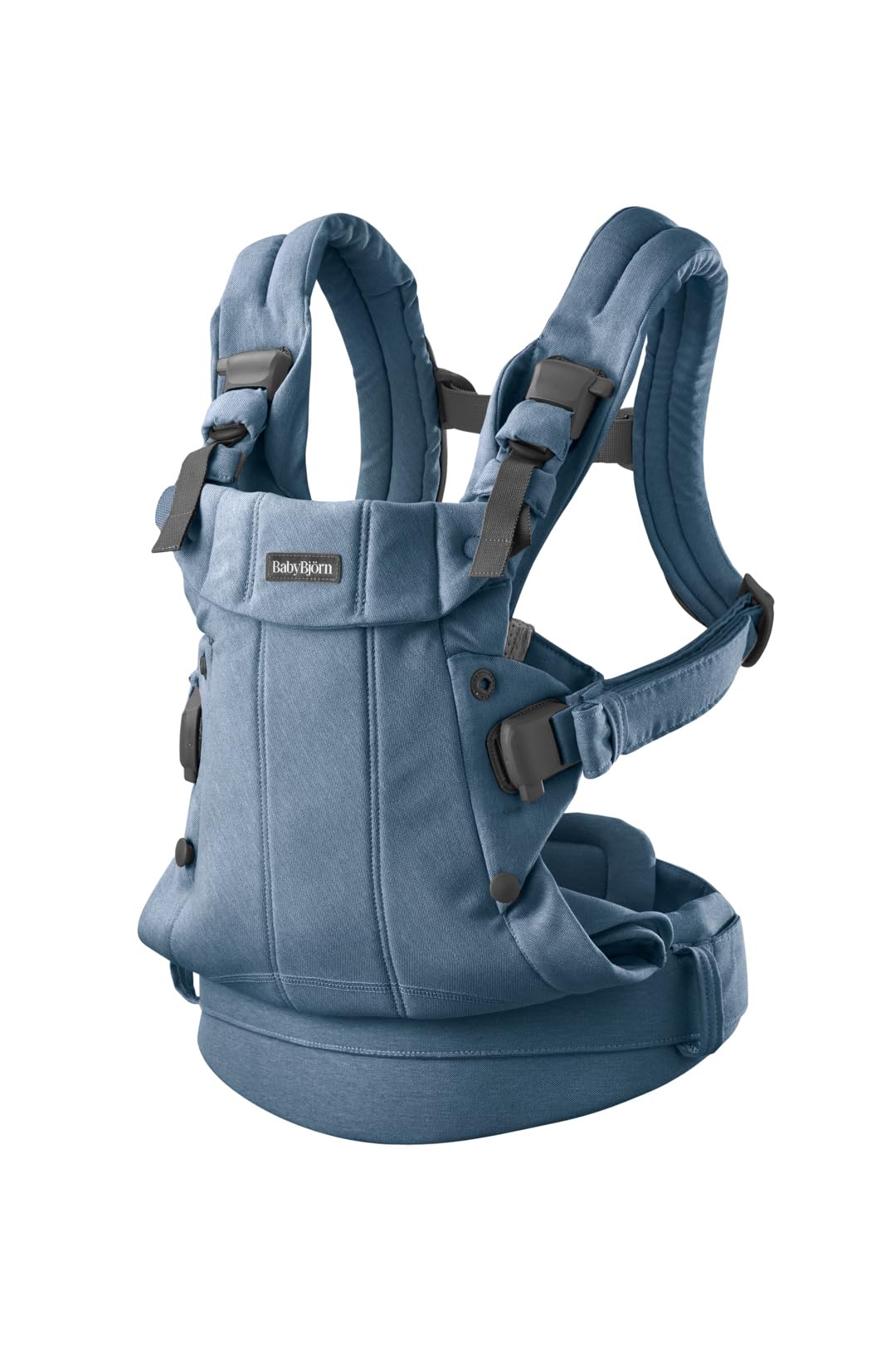 BabyBjörn Harmony blue woven close-up shows soft, breathable fabric for comfort.