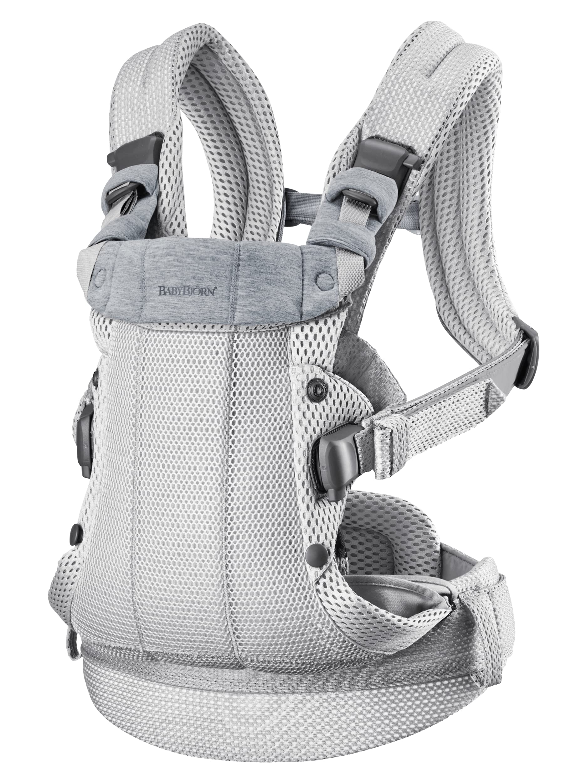 BabyBjörn Harmony close-up of soft mesh fabric highlighting breathable comfort for babywearing.