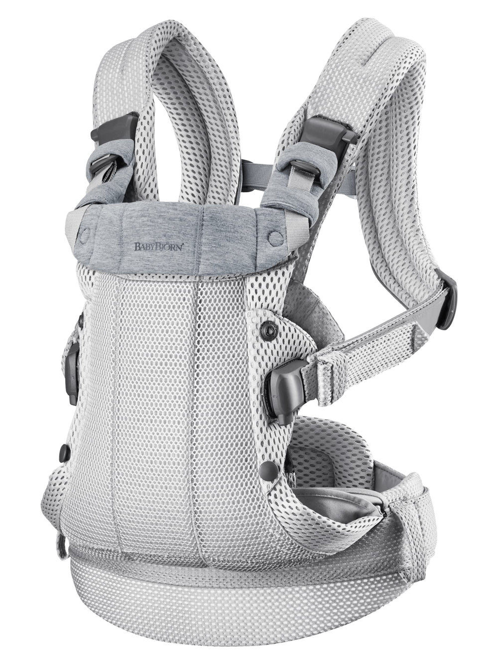 BabyBjörn Harmony close-up of soft mesh fabric highlighting breathable comfort for babywearing.