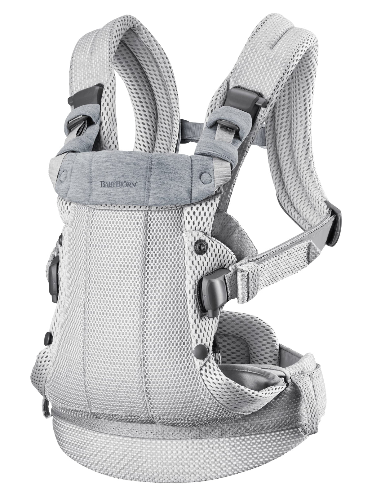 BabyBjörn Harmony close-up of soft mesh fabric highlighting breathable comfort for babywearing.