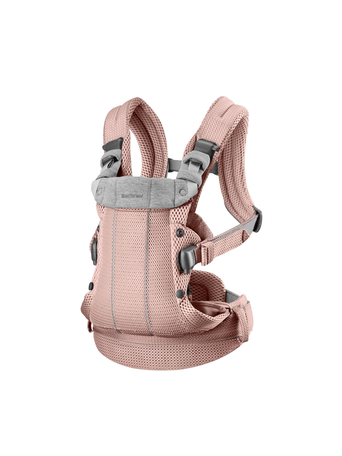 BabyBjörn Harmony dusty pink 3D mesh close-up shows breathable comfort for babywearing.