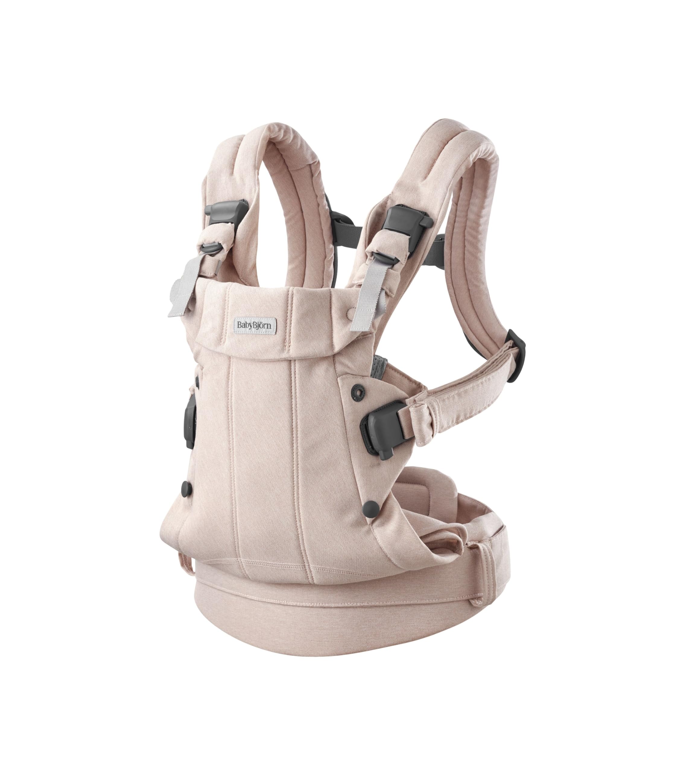 BabyBjörn Harmony light pink woven mélange closeup shows breathable mesh for baby comfort.