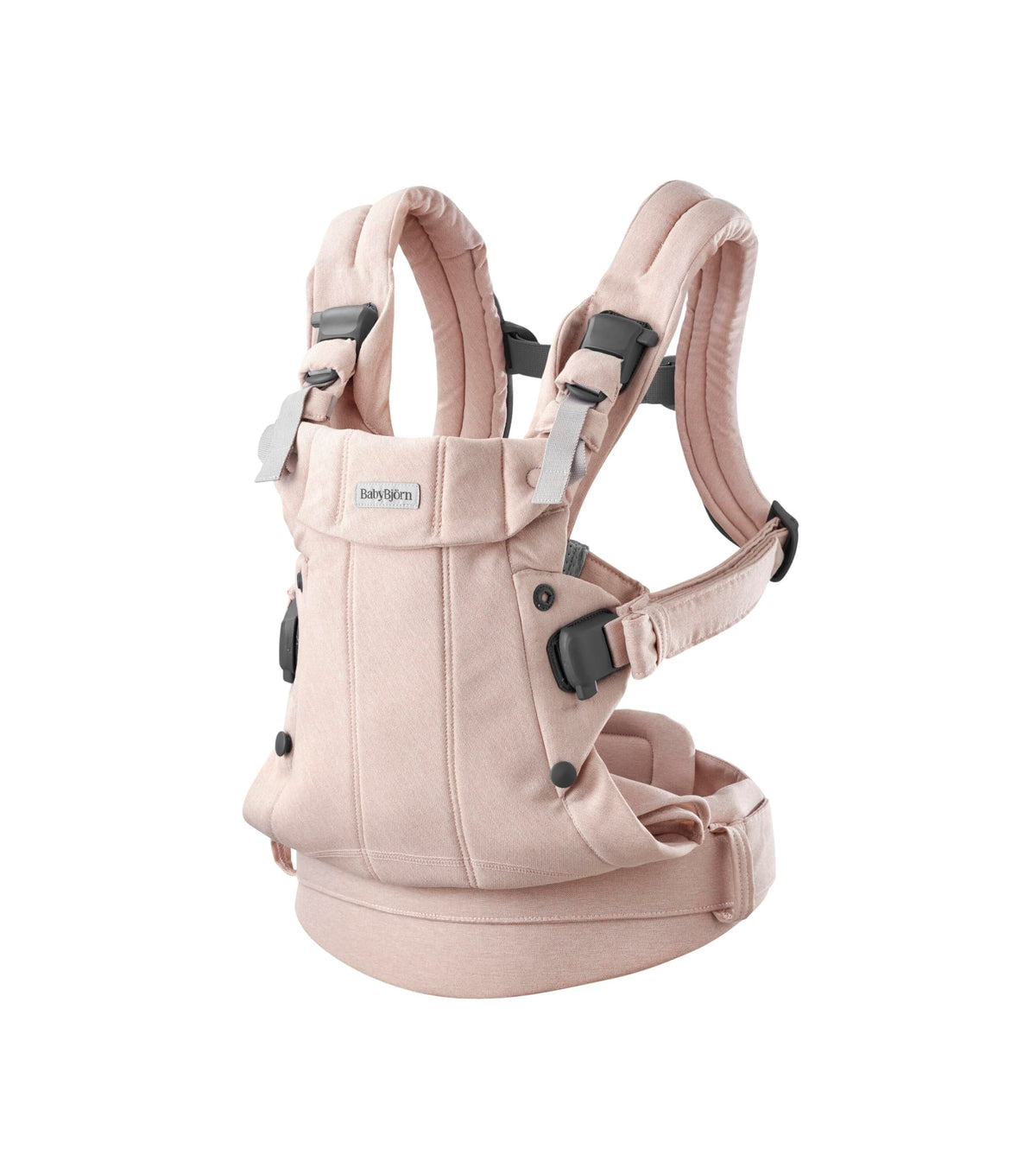 BabyBjörn Harmony light pink woven mélange closeup shows breathable mesh for baby comfort.