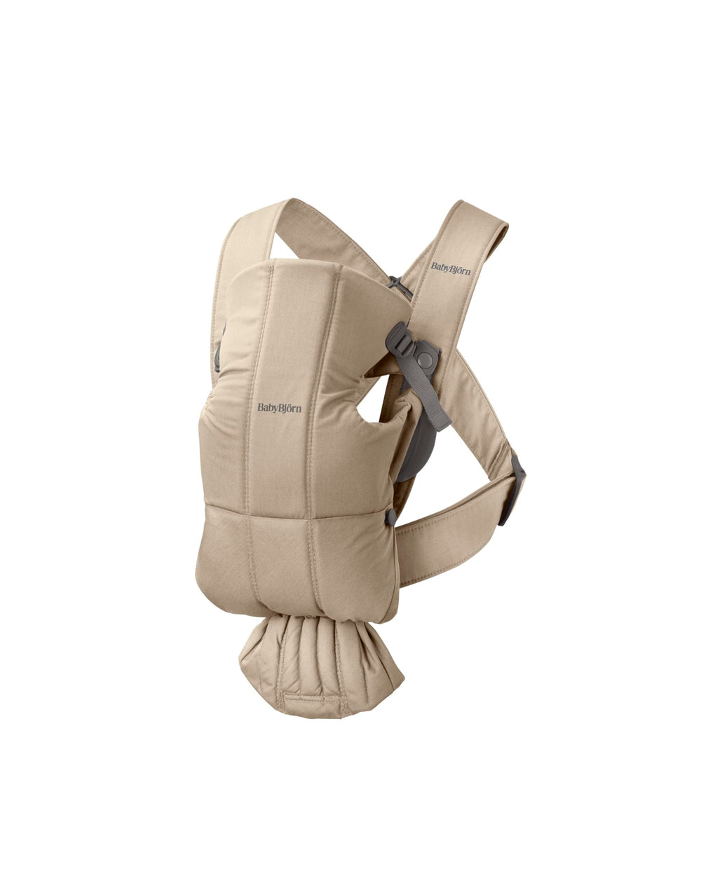 BabyBjörn Baby Carrier Mini beige woven front view shows compact newborn-friendly closeness.