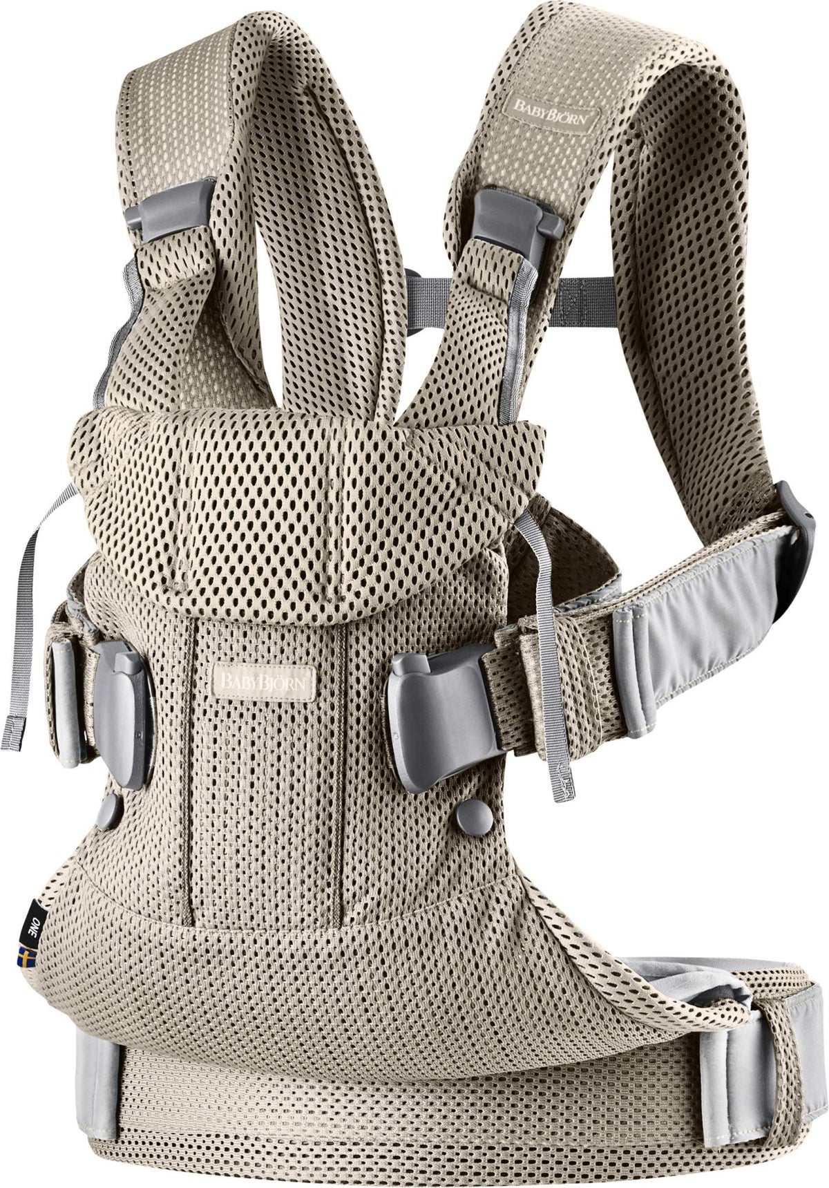 BabyBjörn One Air mesh close-up shows breathable fabric for baby comfort.
