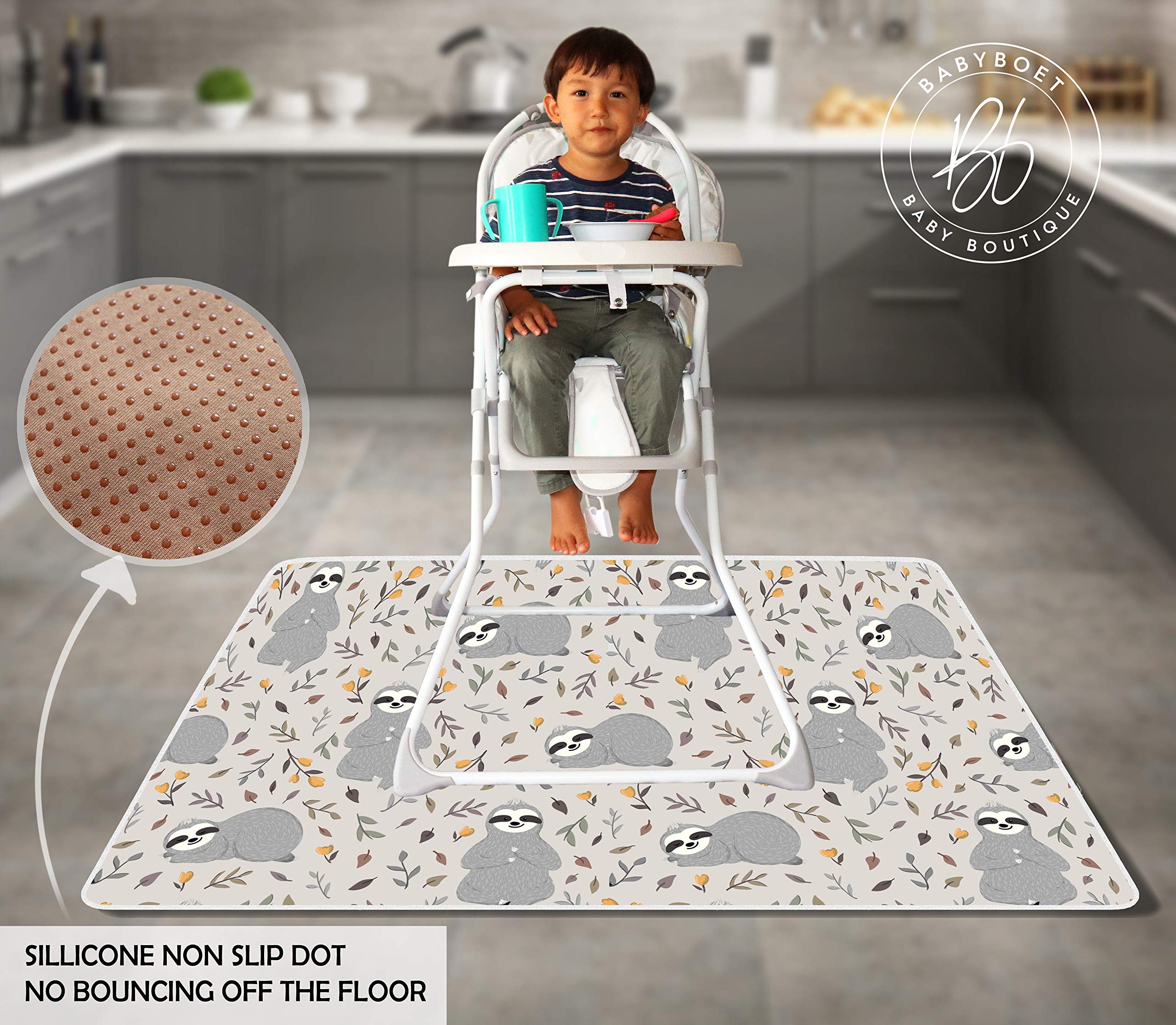 Babyboet Splat Mat with anti-slip backing keeps mat flat during messy meals.