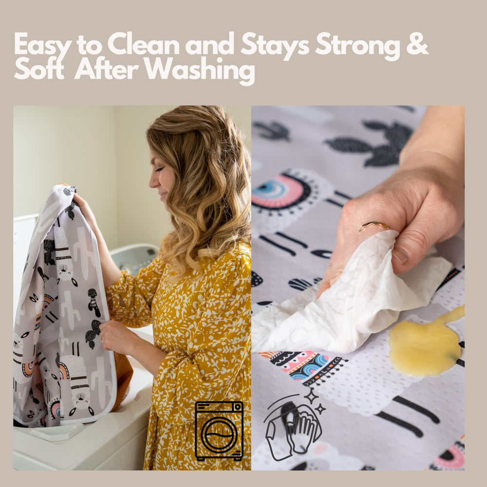 BABYBOET Splat Mat on wood floor; easy to wipe clean after meals