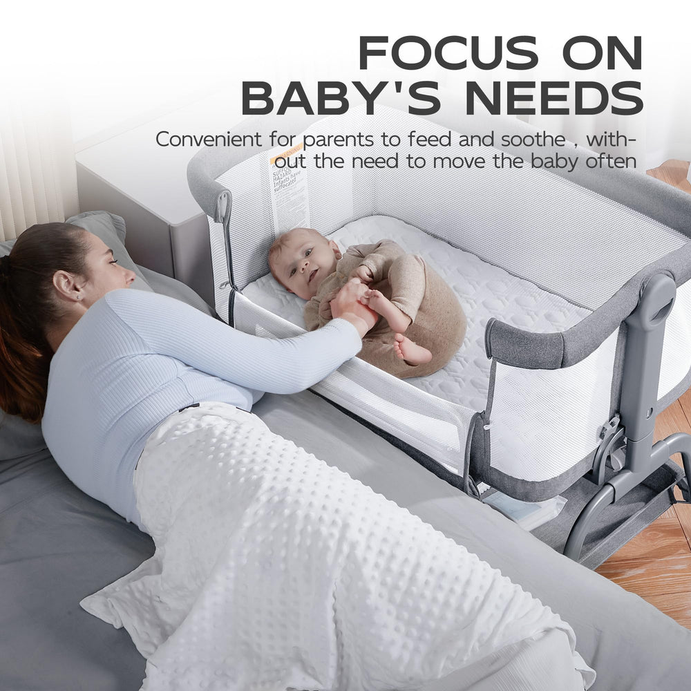 BabyBond Baby Bassinet side view shows sturdy frame and storage.