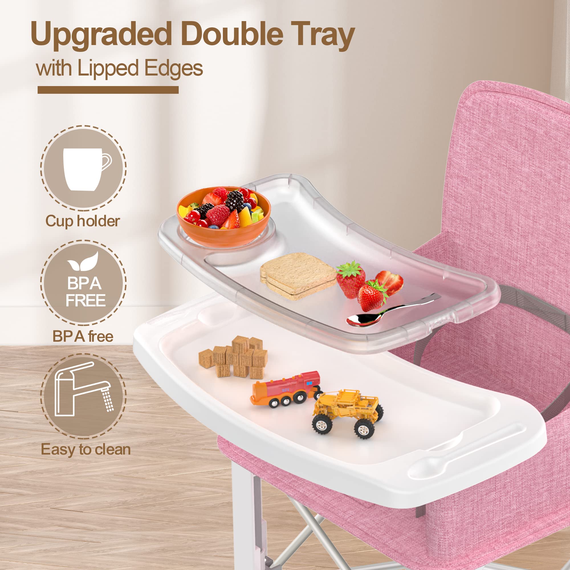 BabyBond rotatable tray on pink booster seat enables easy feeding access