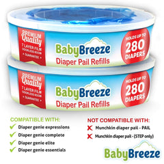 BabyBreeze diaper-genie-compatible bags pack shows universal fit and easy replacement