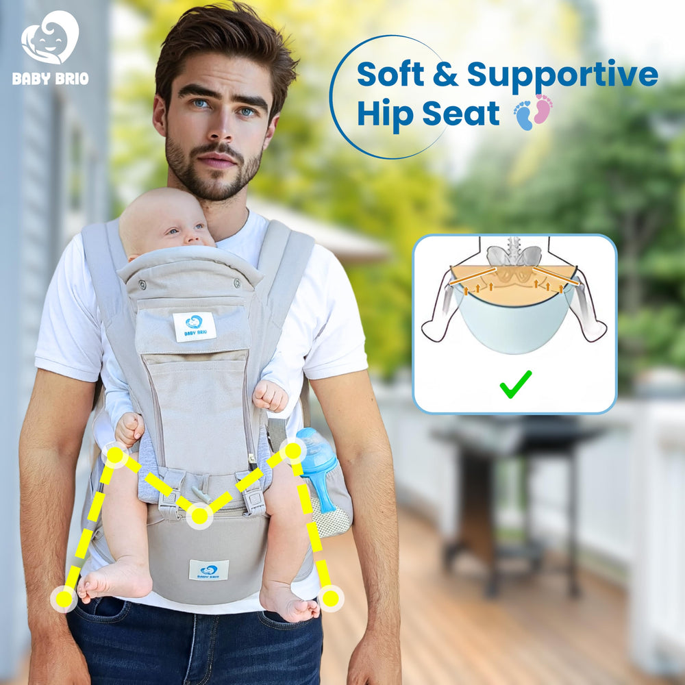 BabyBrio hip-seat carrier demonstrating multiple carry positions