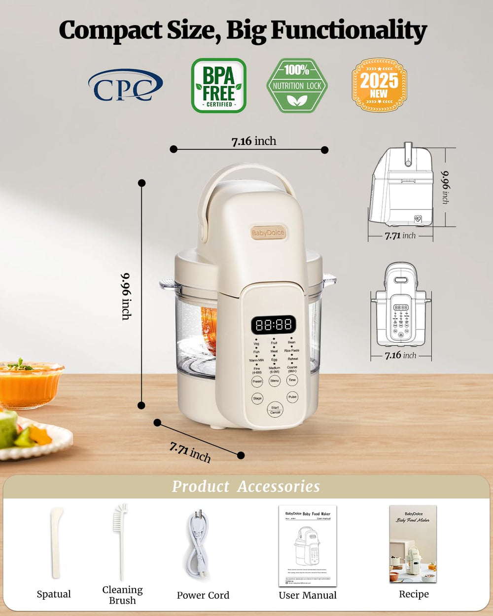 Baby Dolce glass bowl with steam function highlights nutrient-preserving prep for babies.