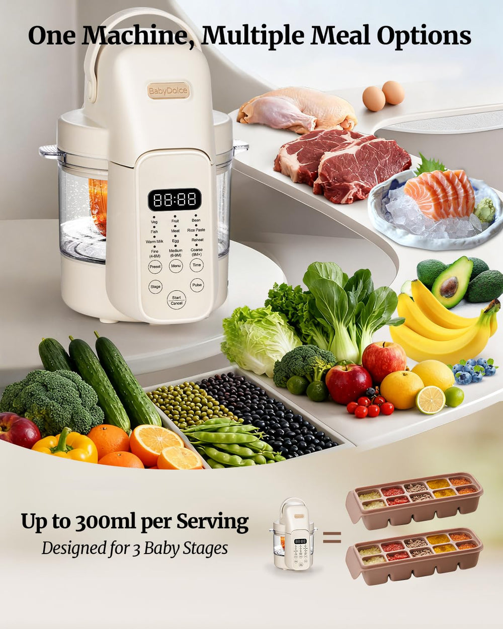 Baby Dolce touch-screen control panel simplifies setting recipes.