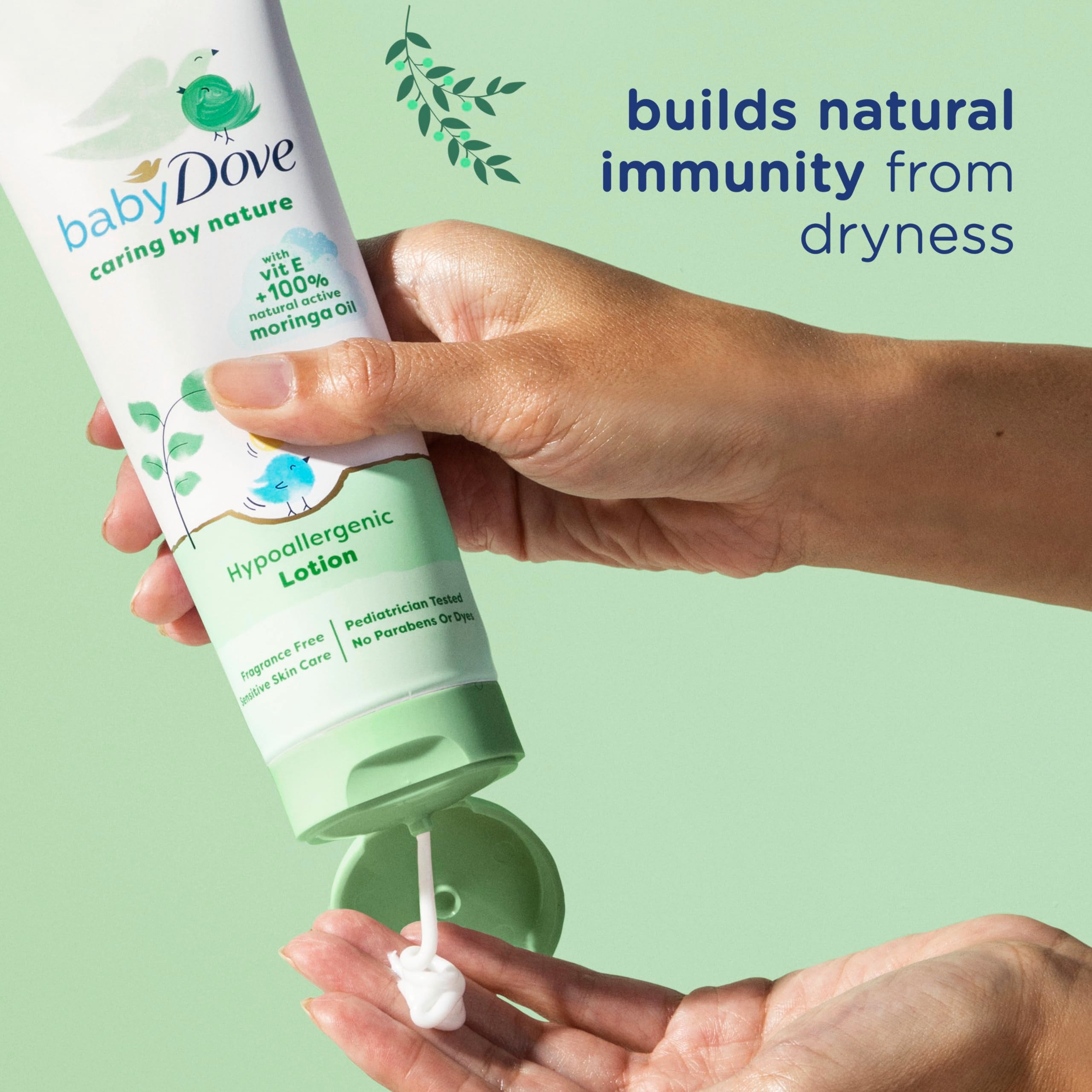 Baby Dove hypoallergenic lotion applied to newborn skin