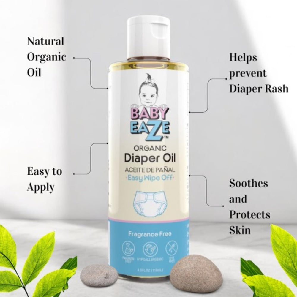 BABYEAZE diaper oil hands-free-application shows mess-free care during diapering.